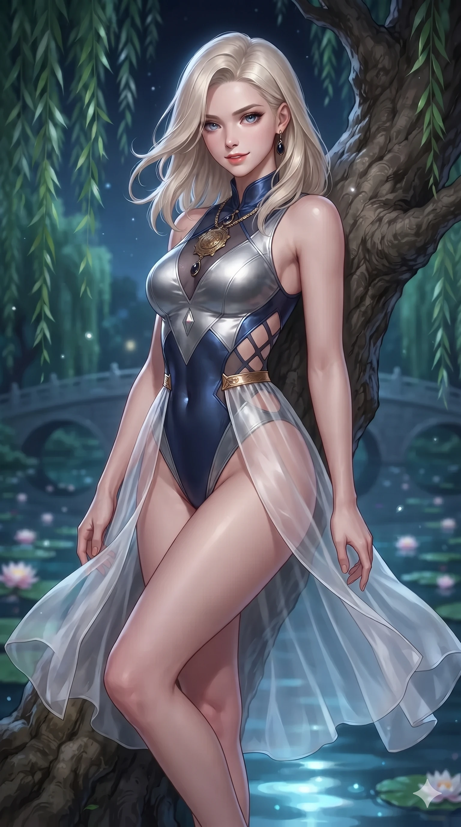 score_9, masterpiece, best quality, ultra-detailed, high-budget anime keyframe, editorial fashion photography, tasteful artistic composition, Caucasian woman. close-up cowboy shot from the waist and thighs up, the character dominates the composition, filling the frame with her large presence. turning slowly with an enchanting smoldering smile, her glossy hair tossing in the breeze as her hips angle gracefully in a captivating contrapposto while leaning against a gnarled willow trunk with hips cocked back, night breezes fluttering her sheer silk garments open around her long legs. The background shows a soft-focus swaying weeping willow fronds, drifting flower blossoms on water, and distant arched bridges blurred into emerald, silver, and jade bokeh. She has an exceptionally elegant, slender, and willowy female figure with an ultra-slim waist, flat toned midriff, narrow ribcage, and sculpted feminine hips creating an alluring, slim hourglass silhouette without bulk. sharp v-shaped jawline, high-bridge nose, sparkling eyes with hypnotic seductive depth, thick curled eyelashes, glossy parted lips with a natural dewy peach sheen, alluring bedroom-eyes with an enchanting coquettish smile, exuding magnetic siren charisma and sophisticated glamour, flawlessly proportioned anatomical accuracy, strict slender model proportions, natural body alignment, perfectly sculpted long slender limbs, ultra-slim waistline, clean dynamic posture without body distortion. wearing a provocative sheer nobang organza wrap overskirt layered over a form-fitting silk leotard with bare hip flanks in metallic liquid silver and deep sapphire navy, adorned with laser-cut diamond side panels revealing teasing glimpses of bare skin, accented with an authentic engraved gold medallion and obsidian cabochons, the bespoke structured tailoring following the natural line of her 8.5-heads silhouette with refined elegance. illuminated by cool water surface bounce and sharp platinum-cyan rim lights defining her razor-sharp jawline, narrow waist, and curvy hips. ultra-reflective glossy finish, specular highlights, rich textural contrasts, high-contrast stereoscopic depth, volumetric dynamic lighting, 2k, ultra detail, master piece, 9:16 ratio