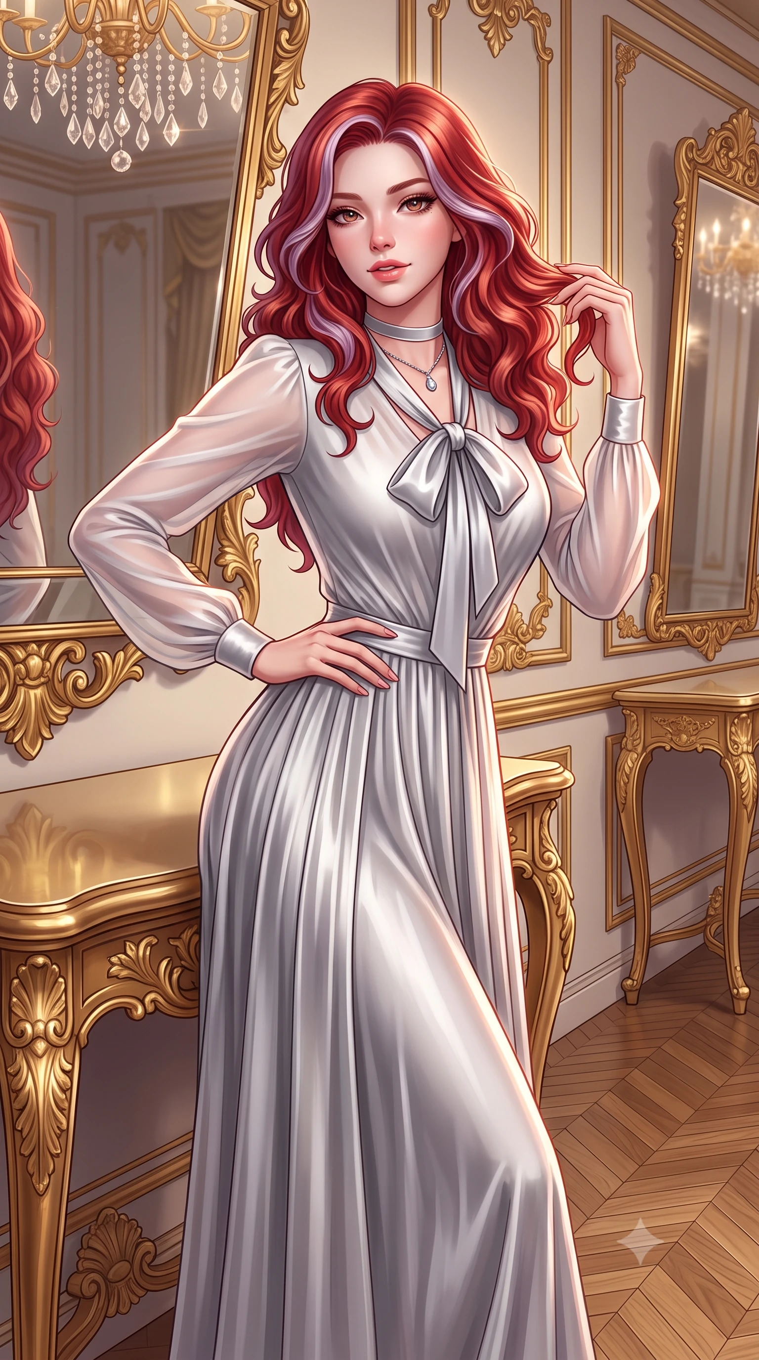score_9, masterpiece, best quality, ultra-detailed, high-budget anime keyframe, semi-realistic 3D game render, editorial fashion photography, tasteful artistic composition, Caucasian woman. close-up cowboy shot from the waist and thighs up, the character dominates the composition, filling the frame with her large presence. twisting her slender torso in an alluring contrapposto stance, one hand resting on her sculpted hip while her fingers toy with her hair with effortless poise while leaning against the gilded console pier with hips cocked back, casting an intoxicating smoldering bedroom-gaze into the bevelled mirrors. The surrounding environment is rendered in vivid detail and crisp panoramic clarity: sharp hand-carved gilded acanthus leaf moldings, chevron oak parquet wood grain, and crystal prism drop facets in deep focus. She has an exceptionally elegant, slender, and willowy female figure with an ultra-slim waist, flat toned midriff, narrow ribcage, and sculpted feminine hips creating an alluring, slim hourglass silhouette without bulk. sharp v-shaped jawline, high-bridge nose, intricate jewel-like sparkling eyes with depth, thick eyelashes, glossy parted lips with a natural peach sheen, bright cheerful beaming smile with an enchanting and coquettish sensual glint, exuding both youthful cute charm and seductive allure, flawlessly proportioned anatomical accuracy, strict slender model proportions, natural body alignment, perfectly sculpted long slender limbs, ultra-slim waistline, clean dynamic posture without body distortion. wearing an elegant long-sleeve silk georgette tea dress with pleated A-line skirt and neck pussy-bow in pure translucent crystal white and liquid platinum, tailored from ultra-plush silk velvet with rich tactile depth and deep shadow gradients, finished with a thin velvet ribbon choker and a single teardrop diamond pendant, the impeccably tailored cut draping gracefully along her slender figure with aristocratic poise. illuminated by mirror specular reflections and sharp rose-gold rim lights sculpting her features, flat midriff, and slender waist. highly saturated vibrant anime colors, detailed shading with soft gradients, rich glossy textures, high-contrast stereoscopic depth, volumetric dynamic lighting, master piece, 9:16 ratio