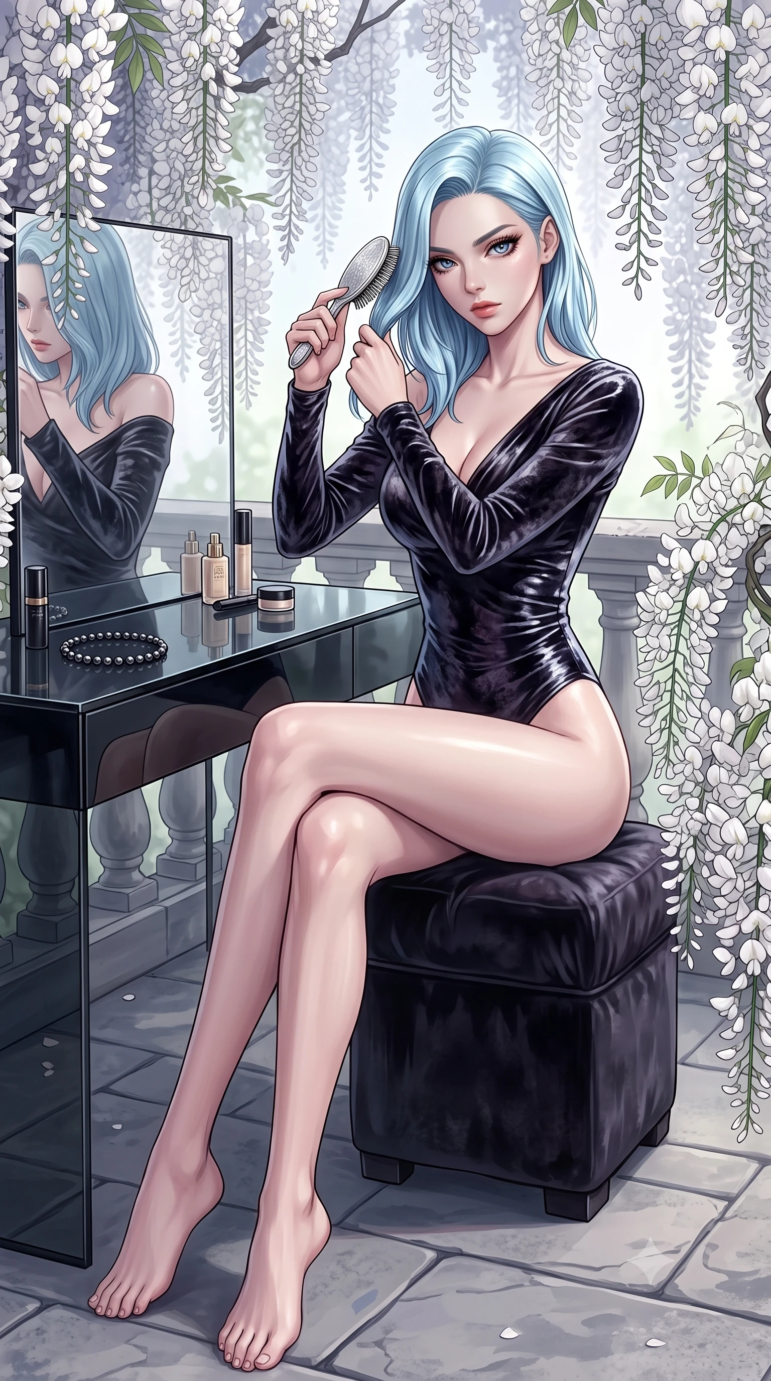 score_9, masterpiece, best quality, ultra-detailed, High-budget Anime Keyframe, East Asian woman. Low angle cowboy shot filling the entire 9:16 frame with her statuesque presence. Scenario 258: brushing her hair while seated before a vanity of black glass in a quiet balcony surrounded by trailing white wisteria flowers. Her presence is magnetic and overpowering in this high-budget anime scene. Outfit 258: a slim-fit crushed dark velvet long with a low-cut shoulder and wet-look texture. The clothing is designed to emphasize her exceptionally tall and slender 8-heads proportion. 8-heads proportion, towering silhouette, ultra-slim waist. sharp v-shaped jawline, intricate jewel-like eyes with depth, thick eyelashes, glossy lips. 2k, ultra detail, master piece, 9:16 ratio