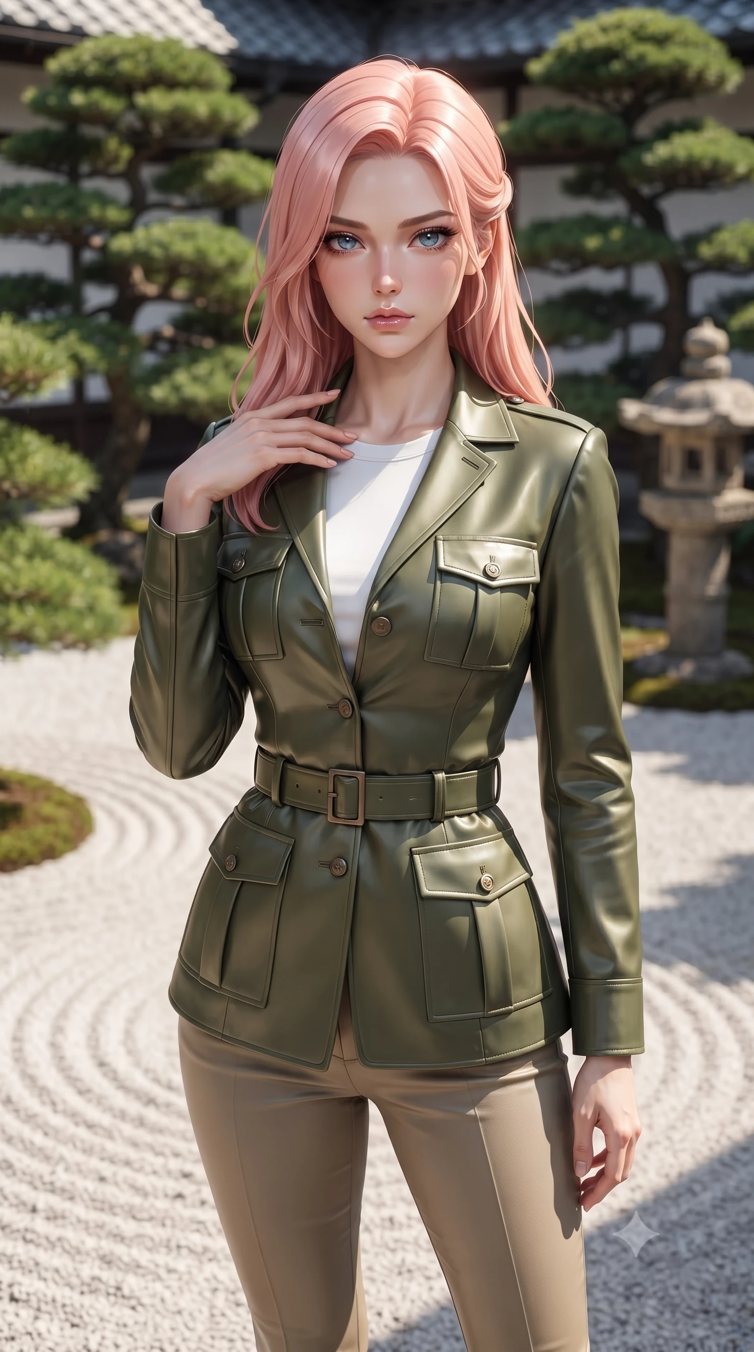 score_9, masterpiece, best quality, ultra-detailed, high-budget anime keyframe, editorial fashion photography, tasteful artistic composition, Japanese woman woman. close-up cowboy shot from the waist and thighs up, the character dominates the composition, filling the frame with her large presence, background elements kept in soft focus. standing with one hand resting on her collarbone, looking at the viewer with bedroom-eyes the background shows a soft-focus a white gravel courtyard with green bonsai trees and raked sand. She has an exceptionally elegant, slender, and willowy female figure with an ultra-slim waist, a gracefully sculpted slender torso, and a refined silhouette. sharp v-shaped jawline, high-bridge nose, intricate jewel-like eyes with depth, thick eyelashes, glossy lips with a natural sheen. wearing a body-hugging tailored olive green safari jacket over a white crewneck top and khaki pants. crisp morning sunlight casting sharp, clean shadows across the gravel. ultra-reflective glossy finish, specular highlights, metallic sheen, high-contrast stereoscopic depth, volumetric dynamic lighting, 2k, ultra detail, master piece, 9:16 ratio