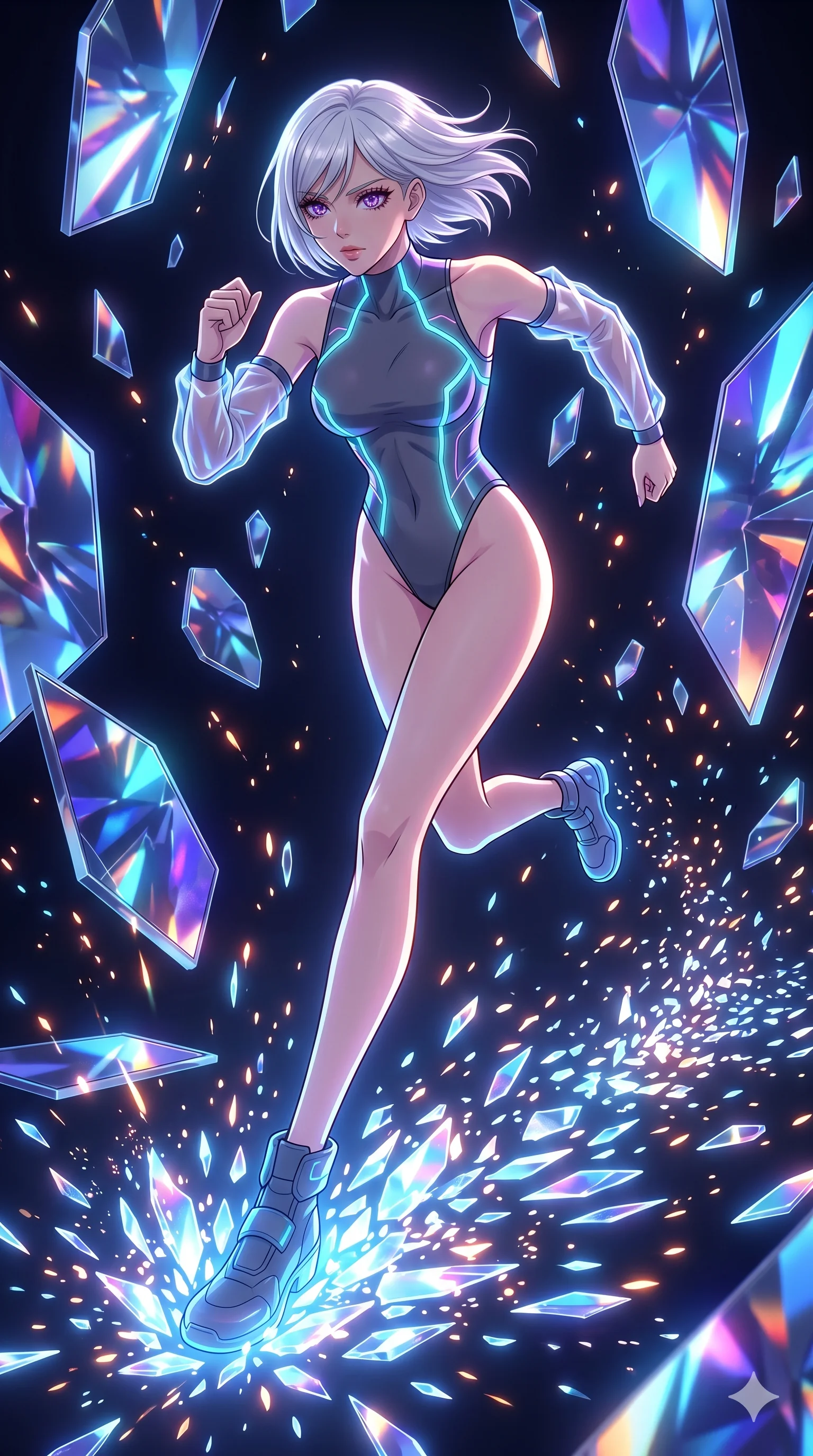 score_9, masterpiece, best quality, ultra-detailed, Set A: High-budget Anime Keyframe, Caucasian (strictly human ears) woman. Low angle cowboy shot filling the entire 9:16 frame with her statuesque presence. Sprinting through a dimension of floating mirrors, as the ground beneath her turns into 281 shards of light and surrounded by glowing energy sparks. She has an absolutely perfect 8-heads proportion, an exceptionally tall and slender female figure with impossibly long slender legs and an ultra-slim waist. Sharp v-shaped jawline, high-bridge nose, intricate jewel-like eyes with depth, thick eyelashes, glossy lips with a natural sheen. Wearing High-cut tech-bodysuit with holographic neon seams and translucent PVC detached sleeves. Cinematic lighting, vibrant colors, dramatic shadows, 2k, ultra detail, master piece, 9:16 ratio