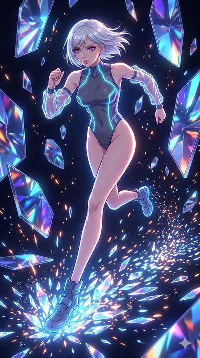 score_9, masterpiece, best quality, ultra-detailed, Set A: High-budget Anime Keyframe, Caucasian (strictly human ears) woman. Low angle cowboy shot filling the entire 9:16 frame with her statuesque presence. Sprinting through a dimension of floating 
