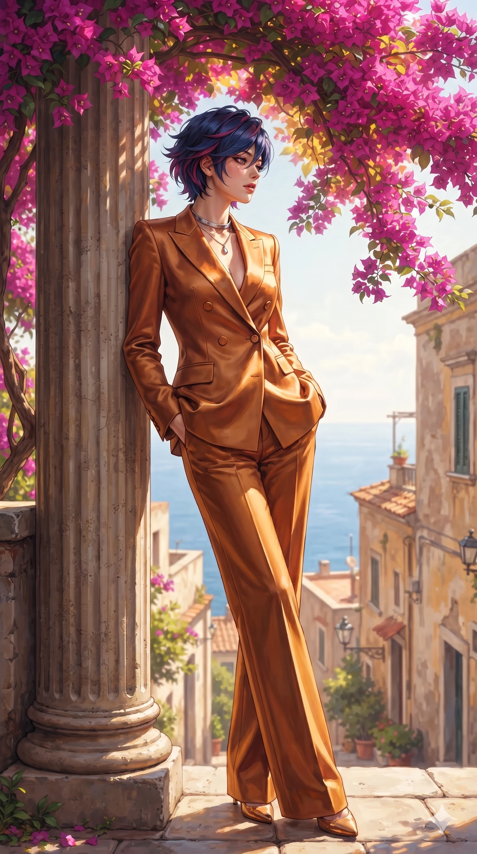 score_9, masterpiece, best quality, ultra-detailed, high-budget anime keyframe, editorial fashion photography, tasteful artistic composition, Korean woman. low angle full-body shot from head to toe showing her feet, filling the entire 9:16 vertical frame with her statuesque presence, stretching her vertical silhouette. stepping slowly toward the camera with hypnotic grace, hips swaying in an alluring sensual rhythm that accentuates her curvy hourglass silhouette and long slender legs while leaning against the fluted stone pillar with hips cocked back, looking through vibrant bougainvillea blossoms at the distant sea with heavy-lidded gaze. The surrounding environment is rendered in vivid detail and crisp panoramic clarity: detailed bespoke fashion tailoring, second-skin fit, and timeless Italian coastal architecture in high resolution. She has an exceptionally tall and slender model-like 8.5-heads proportion, an ultra-slim waist, a flat toned midriff, narrow delicate ribcage, and beautifully sculpted feminine hips creating a graceful, slim hourglass silhouette without any bulky heaviness, with impossibly long slender legs. sharp v-shaped jawline, high-bridge nose, intricate jewel-like eyes with depth, thick eyelashes, glossy parted lips with a natural sheen, intensely captivating and seductive bedroom-eyes expression, flawlessly proportioned anatomical accuracy, strict slender model proportions, natural body alignment, perfectly sculpted long slender limbs, ultra-slim waistline, clean dynamic posture without body distortion. wearing a bespoke tailored satin pantsuit with a double-breasted structured blazer and pressed wide-leg trousers in rich copper bronze and warm amber, crafted from bespoke double-faced cashmere with an exceptionally soft tactile finish, finished with a minimalist chrome choker and a single teardrop diamond pendant, the impeccably tailored cut draping gracefully along her slender figure with aristocratic poise. bathed in sun-dappled golden light filtering through vibrant magenta bougainvillea canopy. ultra-reflective glossy finish, specular highlights, rich textural contrasts, high-contrast stereoscopic depth, volumetric dynamic lighting, 2k, ultra detail, master piece, 9:16 ratio
