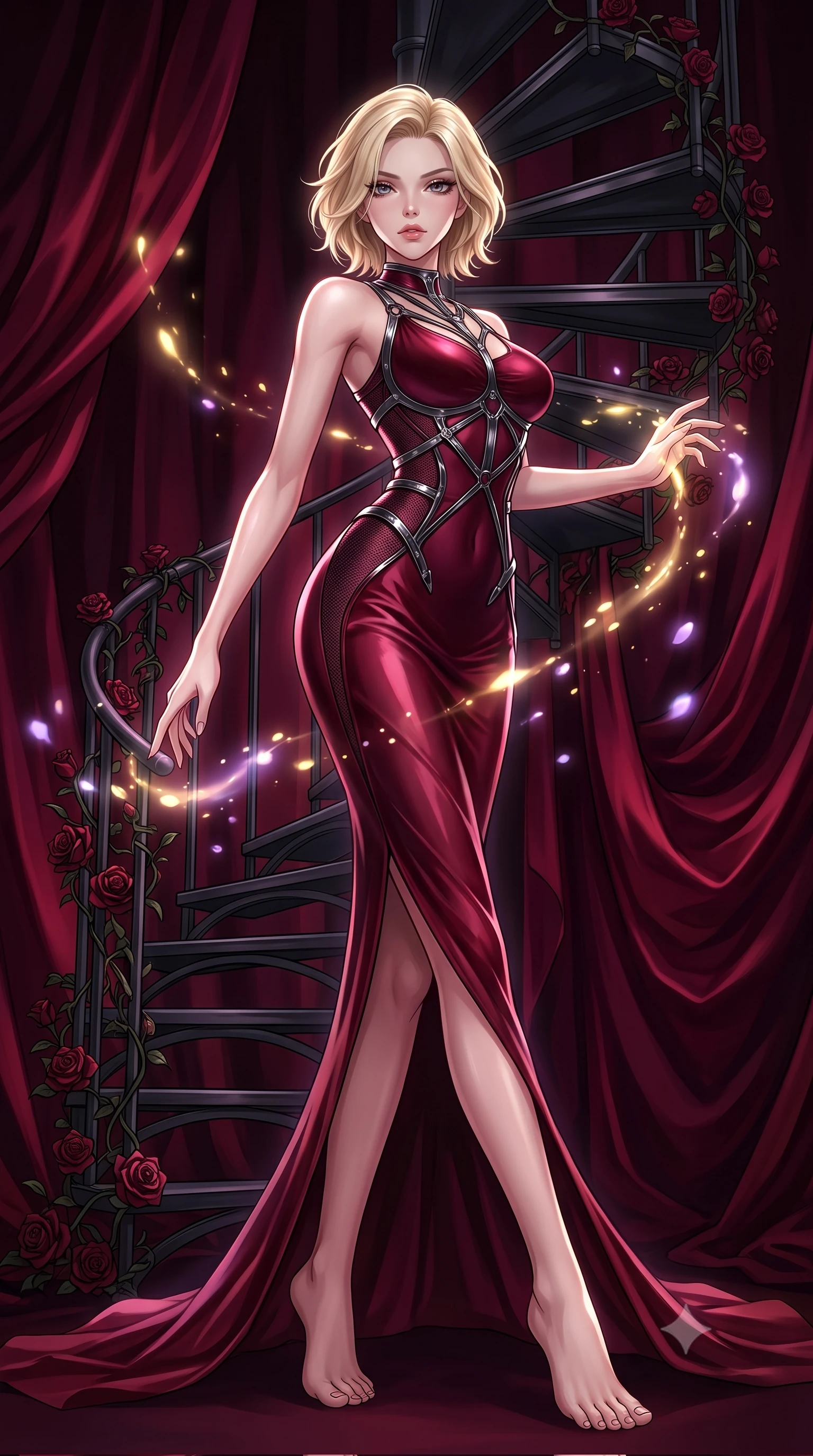 score_9, masterpiece, best quality, ultra-detailed, high-budget anime keyframe, editorial fashion photography, tasteful artistic composition, Caucasian woman. low angle full-body shot from head to toe showing her feet, filling the entire 9:16 vertical frame with her statuesque presence, stretching her vertical silhouette. interacting with glowing light particles, her long slender legs poised in motion, poised before a dark iron spiral staircase wrapped in dark red rose vines, dramatic crimson silk drapery absorbing surrounding light into rich burgundy shadows. She has an absolutely perfect, statuesque 8.5-heads proportion, an exceptionally tall and slender model-like female figure with impossibly long slender legs and an ultra-slim waist. sharp v-shaped jawline, high-bridge nose, intricate jewel-like eyes with depth, thick eyelashes, glossy lips with a natural sheen. wearing fitted liquid mercury jersey maxi dress hugging every curve in deep crimson burgundy, made of fine dark contouring mesh, highlighted by a gunmetal metallic harness structure, sculpting her athletic slender build with refined precision. surrounded by dramatic chiaroscuro with sharp edge highlights on silk. highly saturated vibrant anime colors, detailed shading with soft gradients, rich glossy textures, high-contrast stereoscopic depth, volumetric dynamic lighting, master piece, 9:16 ratio