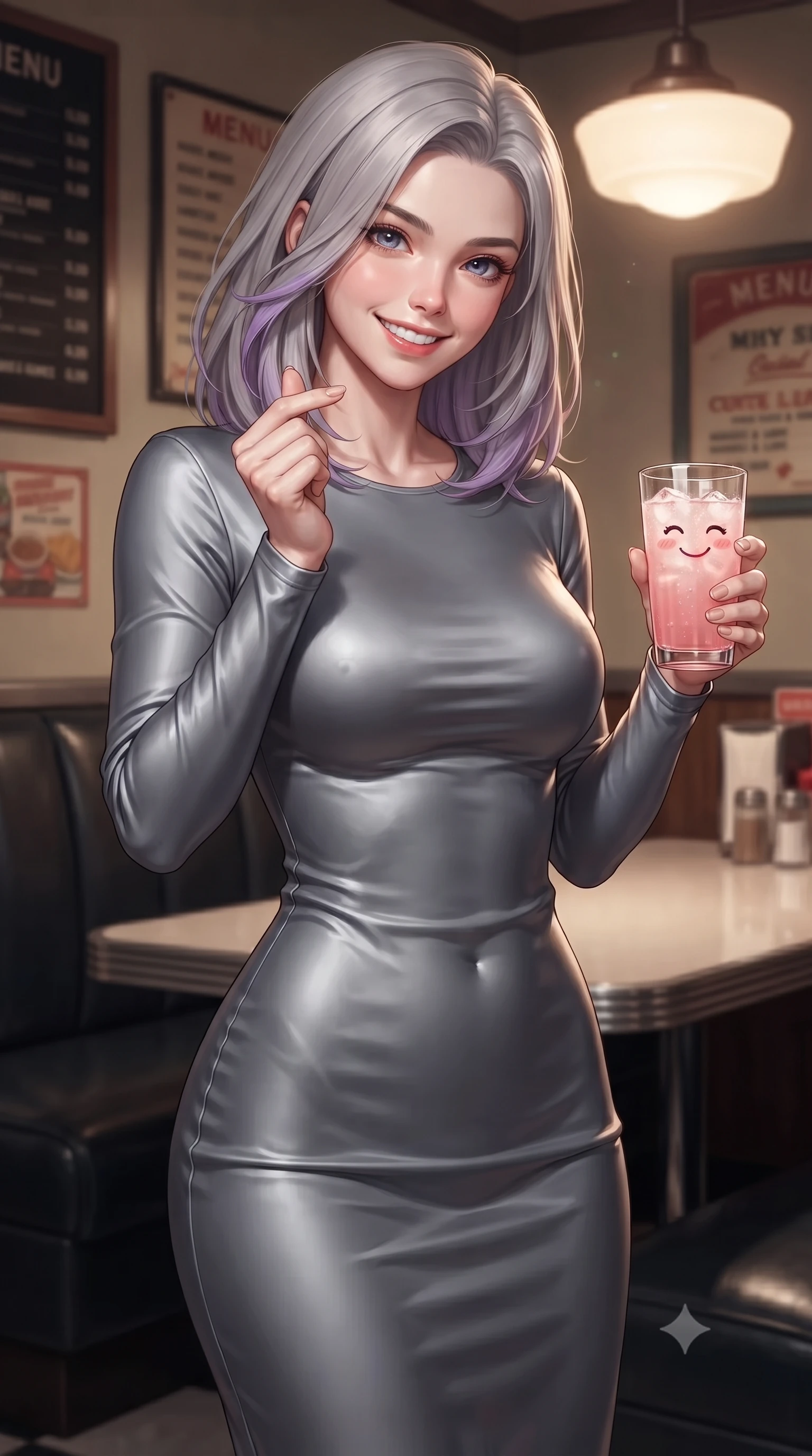 score_9, masterpiece, best quality, ultra-detailed, high-budget anime keyframe, editorial fashion photography, tasteful artistic composition, Caucasian woman. close-up cowboy shot from the waist and thighs up, the character dominates the composition, filling the frame with her large presence, background elements kept in soft focus. flashing a bright, sunny grin, holding her fingers in a cute small heart shape set against a soft-focus background of in a cozy traditional diner corner with leather booths and vintage menus holding a glass of pink lemonade with a playful, cute smile. She has an exceptionally elegant, slender, and willowy female figure with an ultra-slim waist, a gracefully sculpted slender torso, and a refined silhouette. sharp v-shaped jawline, high-bridge nose, intricate jewel-like eyes with depth, thick eyelashes, glossy lips with a natural sheen. wearing body-hugging body-hugging long-sleeve silk dress in slate grey, following her form elegantly. gentle, warm ambient lighting highlighting the delicious food and her face. ultra-reflective glossy finish, specular highlights, metallic sheen, high-contrast stereoscopic depth, volumetric dynamic lighting, 2k, ultra detail, master piece, 9:16 ratio