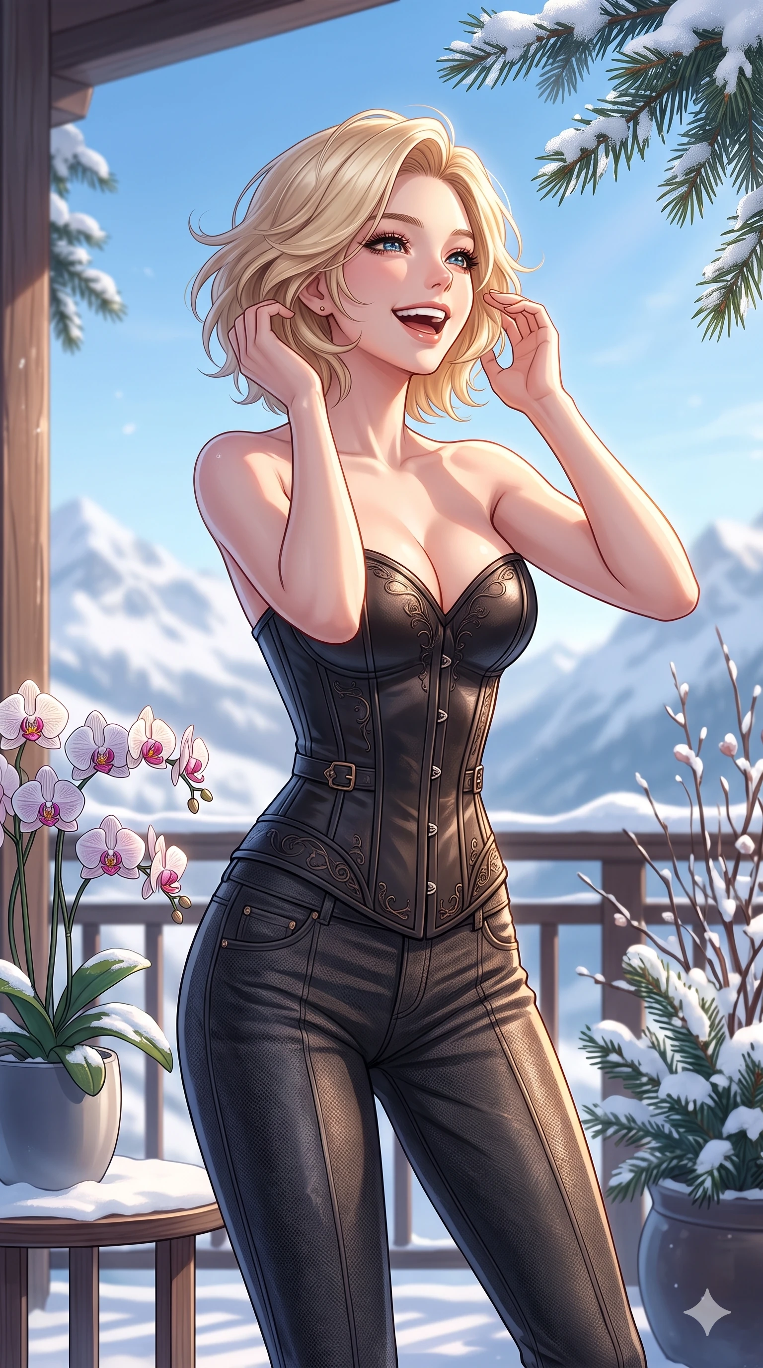 score_9, masterpiece, best quality, ultra-detailed, high-budget anime keyframe, vibrant anime aesthetic, Caucasian woman, strictly human ears. cowboy shot from the thighs up, character and outfit filling the frame for maximum presence. She is posing with a cheerful laugh, looking up at the snowy pine branches on a private terrace decorated with winter orchids (Code-P21-191). She has an absolutely perfect 8-heads proportion, an exceptionally tall and slender female figure with impossibly long slender legs and an ultra-slim waist. V-shaped jawline, high-bridge nose, intricate jewel-like eyes with depth, thick eyelashes, glossy lips with a natural sheen. wearing a dark leather corset with a sweetheart neckline revealing her cleavage in winter. She is drenched in direct, warm winter sunbeams that trace the contours of her tall silhouette. 2k, ultra detail, master piece, 9:16 ratio