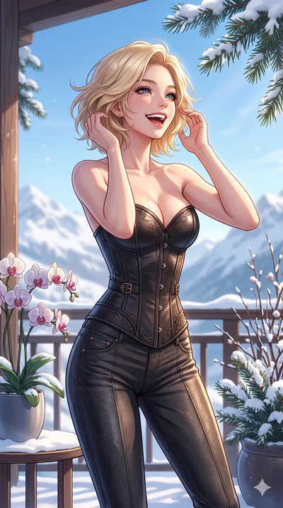 score_9, masterpiece, best quality, ultra-detailed, high-budget anime keyframe, vibrant anime aesthetic, Caucasian woman, strictly human ears. cowboy shot from the thighs up, character and outfit filling the frame for maximum presence. She is posing 