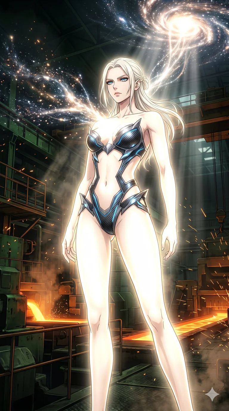 score_9, masterpiece, best quality, ultra-detailed, High-budget Anime Keyframe, vibrant colors, fluid line-art, expressive lighting, cinematic composition, Ufotable-style visual effects, top-tier animation quality, Caucasian woman with pale skin, blonde hair, and (strictly human ears). Dynamic full-body shot stretching the vertical silhouette, capturing her from a powerful low-angle perspective. Absorbing the raw power of a dying star into her chest, her body glowing with an intense, blinding radiance. She has an absolutely perfect 8-heads proportion, an exceptionally tall and slender female figure with impossibly long slender legs and an ultra-slim waist, her statuesque height and towering silhouette dominating the vertical 9:16 frame. Her face is a masterpiece featuring a sharp v-shaped jawline, high-bridge nose, intricate jewel-like eyes with depth, thick eyelashes, and glossy lips with a natural sheen. She is wearing a Metallic armor-bikini with sharp, aggressive edges and integrated energy-shield generators crafted from Carbon-fiber weave with a high-tech matte finish and integrated glowing filaments, featuring strategic side cut-outs that emphasize her ultra-slim waist and hips. The scene is set in a gritty industrial factory with glowing molten metal, flying sparks, and deep shadows, illuminated by volumetric light beams cutting through a hazy atmosphere, creating a sense of depth. 2k, ultra detail, master piece, 9:16 ratio