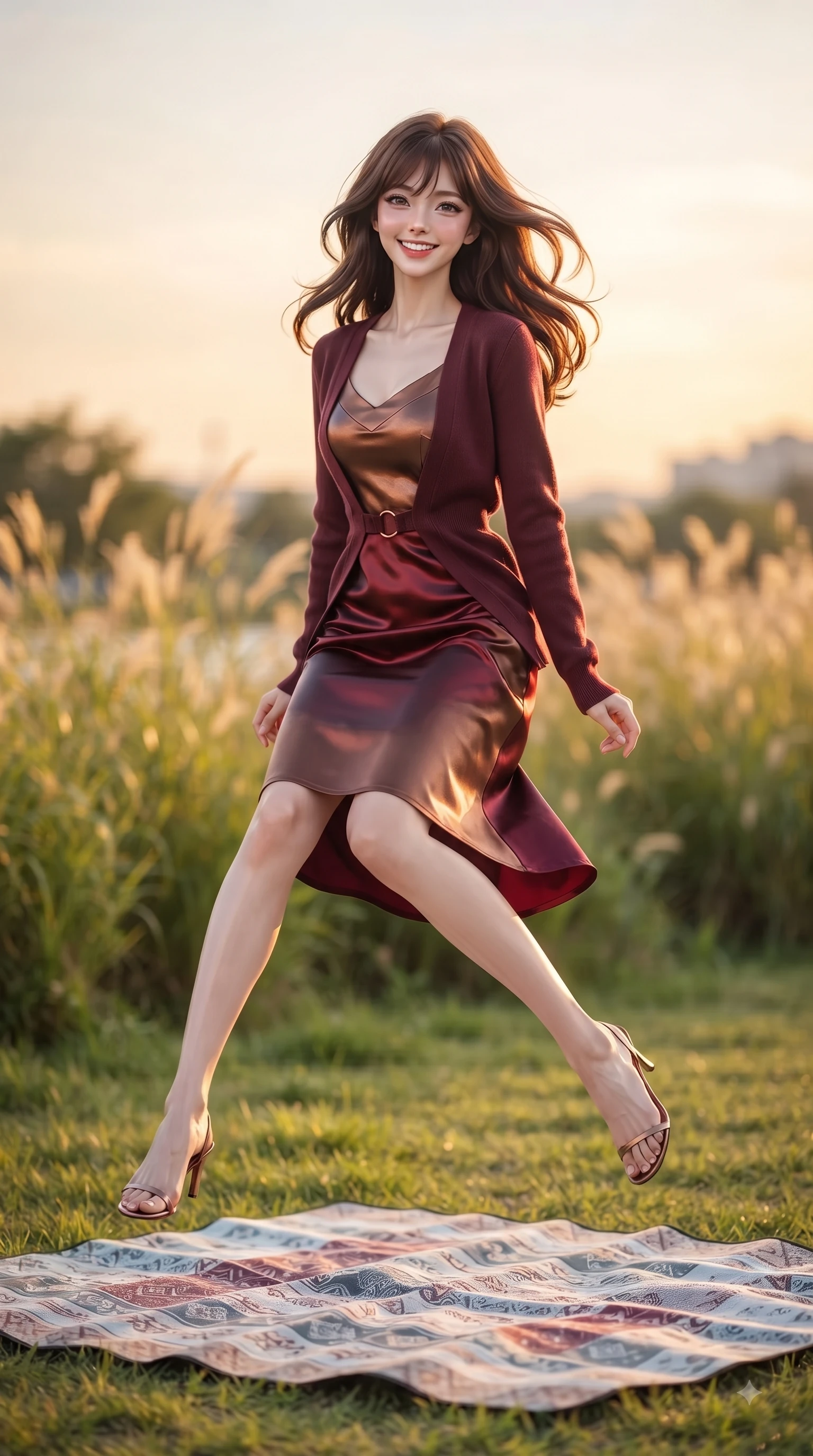 score_9, masterpiece, best quality, ultra-detailed, high-budget anime keyframe, editorial fashion photography, tasteful artistic composition, Korean woman. low angle full-body shot from head to toe showing her feet, filling the entire 9:16 vertical frame with her statuesque presence, stretching her vertical silhouette. leaping with pure youthful energy through the scene with a radiant bright smile, her long slender legs balanced gracefully while sitting gracefully on a picnic mat on a green riverfront park lawn during golden hour. The composition keeps background elements in soft focus with dreamy bokeh. swaying park grasses and sunset sky gradients softened in dreamy background focus. She has an absolutely perfect, statuesque 8.5-heads proportion, an exceptionally tall and slender model-like female figure with impossibly long slender legs and an ultra-slim waist. sharp v-shaped jawline, high-bridge nose, intricate jewel-like eyes with depth, thick eyelashes, glossy lips with a natural sheen, flawlessly proportioned anatomical accuracy, natural body alignment, perfectly sculpted elegant limbs, clean dynamic posture without body distortion. wearing a glossy satin slip dress layered under a soft cashmere cardigan in deep burgundy red and bronze accent, made of premium stretch jersey that follows her curves like a glove, accented with subtle metallic ring hardware framing her waist, the form-contouring material highlighting her ultra-slim waist and long lines. surrounded by a serene, uplifting, and romantic park ambiance. ultra-reflective glossy finish, specular highlights, metallic sheen, high-contrast stereoscopic depth, volumetric dynamic lighting, 2k, ultra detail, master piece, 9:16 ratio
