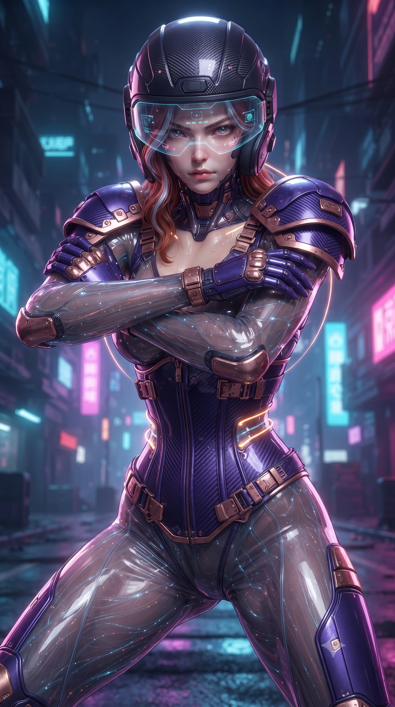 score_9, masterpiece, best quality, ultra-detailed, high-budget anime keyframe, editorial fashion photography, tasteful artistic composition, Caucasian woman. close-up cowboy shot from the waist and thighs up, the character dominates the composition, filling the frame with her large presence. shifting into a low cat-stance with arms crossed defensively, glowing energy conduits tracing her ultra-slim waist and sculpted clavicle while assuming a defensive Panzer Kunst stance as residual EMP charge creates a faint glowing halo around her slender silhouette. The surrounding environment is rendered in vivid detail and crisp panoramic clarity. intricate carbon armor composite grain, sweat glistening on bare collarbones, and armor buckles in high clarity. She has an exceptionally elegant, slender, and willowy female figure with an ultra-slim waist, a gracefully sculpted slender torso, toned flat midriff, and a refined slim silhouette. sharp v-shaped jawline, high-bridge nose, intricate jewel-like eyes with depth, thick eyelashes, glossy lips with a natural sheen, fierce and resolute heroine expression, flawlessly proportioned anatomical accuracy, strict slender model proportions, natural body alignment, perfectly sculpted long slender limbs, ultra-slim waistline, clean dynamic posture without body distortion. wearing an open-face aerodynamic carbon-fiber combat helmet with a retracted transparent holographic HUD visor framing her sharp jawline and jewel-like eyes, paired with a statuesque high-fashion cyber-warrior armor suit with platinum bevels, heavy articulated shoulder guards, and an ultra-slim waist-cinching corset in royal purple carbon fiber with distressed rose-gold hardware and buckles, crafted from semi-translucent cybernetic carbon-vinyl interwoven with glowing micro-filaments, featuring a sleek aerodynamic collar framed by subtle glowing cybernetic status LEDs, the glove-like aerodynamic second-skin fit tightly clinging to her ultra-slender waist and athletic curves without adding bulk, accentuating her razor-sharp statuesque lines and slim hourglass silhouette. surrounded by an electrifying, invincible, and radiantly transcendent dystopian heroine aura. ultra-reflective glossy finish, specular highlights, dark metallic sheen, high-contrast stereoscopic depth, volumetric dynamic lighting, 2k, ultra detail, master piece, 9:16 ratio