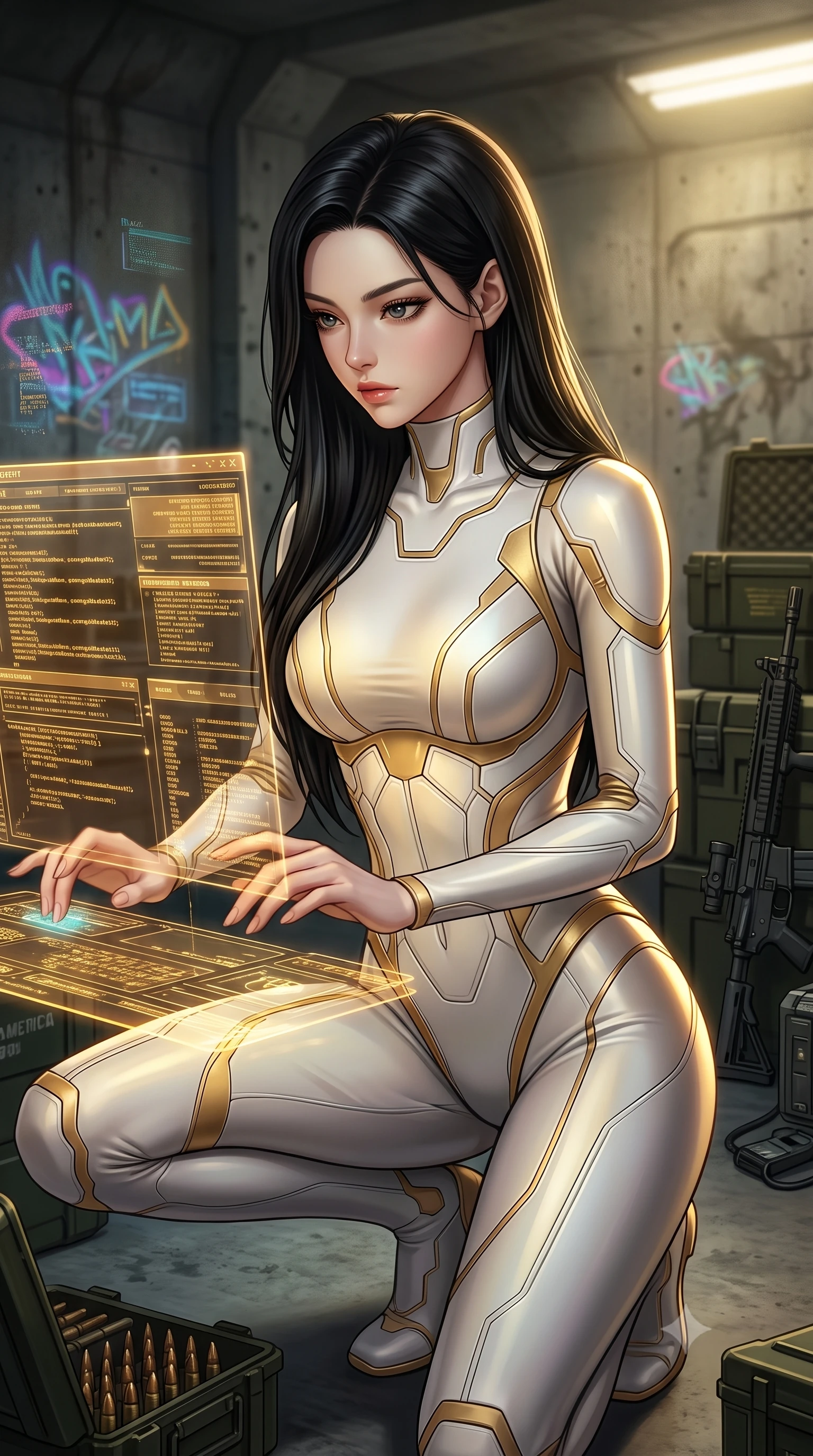 score_9, masterpiece, best quality, ultra-detailed, high-budget anime keyframe, editorial fashion photography, tasteful artistic composition, Korean woman. close-up cowboy shot from the waist and thighs up, the character dominates the composition, filling the frame with her large presence, background elements kept in soft focus. Hacking a security terminal in a low crouch, fingers moving in a blur as amber code screens surround her. set against a soft-focus background of a concrete bunker decorated with holographic graffiti, with ammunition crates and tech rifles stacked in corners. She has an exceptionally elegant and slender, willowy female figure with an ultra-slim waist, a gracefully sculpted slender torso, and a refined slim physique. sharp v-shaped jawline, high-bridge nose, intricate jewel-like eyes with depth, thick eyelashes, glossy lips with a natural sheen. wearing tailored for maximum mobility, sleek form-contouring panels that allow fluid movement, a body-hugging form-contouring white and gold nanotech bodysuit with a high neckline, detailed with structured plates outlining her slender torso. highly saturated vibrant anime colors, intense vivid color palette, soft 3D volumetric shading, volumetric dynamic lighting, dramatic chiaroscuro with a single golden key light sculpting her silhouette. 2k, ultra detail, master piece, 9:16 ratio