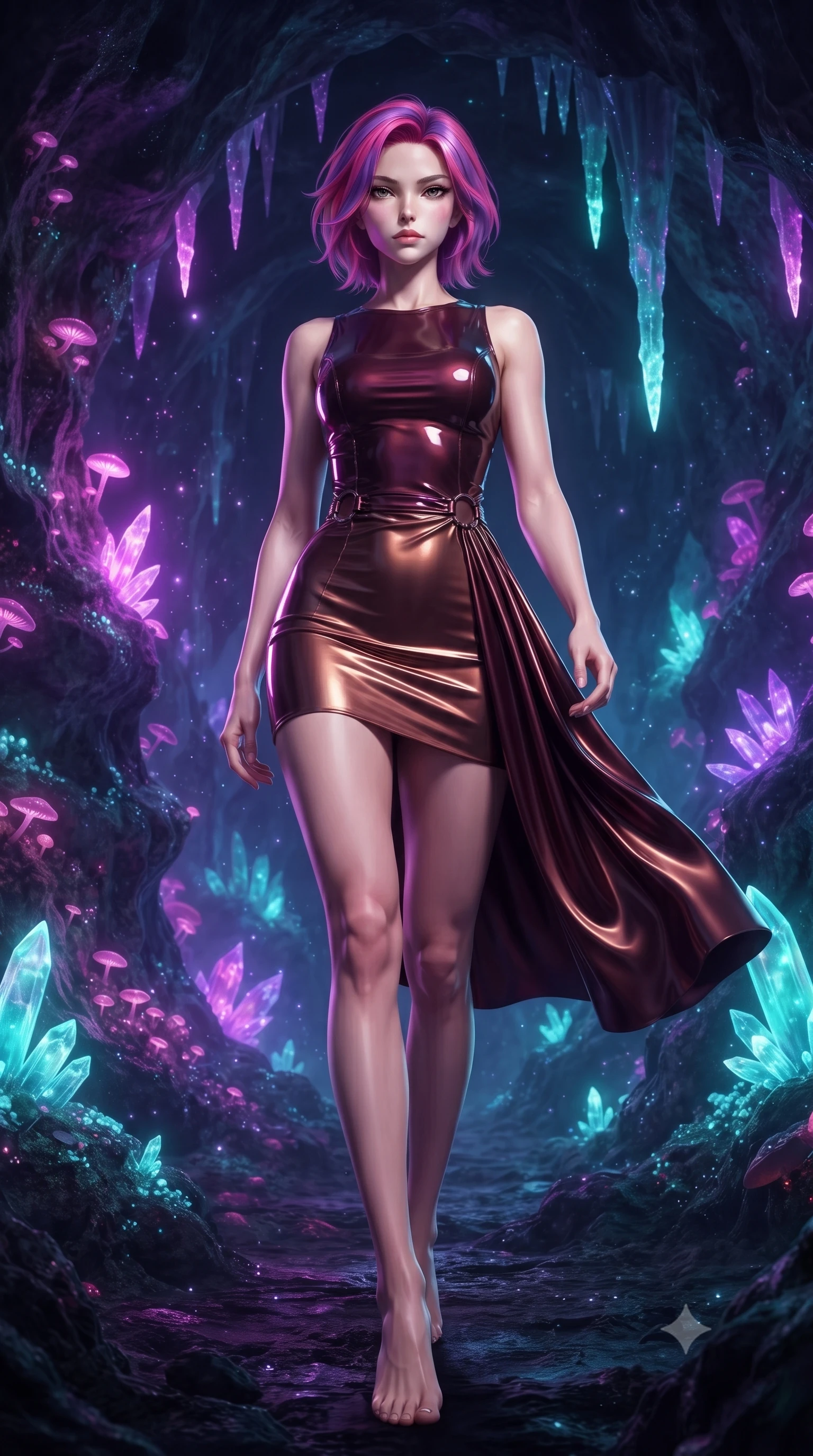 score_9, masterpiece, best quality, ultra-detailed, high-budget anime keyframe, editorial fashion photography, tasteful artistic composition, Caucasian woman. low angle full-body shot from head to toe showing her feet, filling the entire 9:16 vertical frame with her statuesque presence, stretching her vertical silhouette. stepping forward with proud posture, filling the vertical frame with her magnetic presence navigating a cavern filled with bioluminescent fungi and crystalline stalactites, glowing mineral dust shimmering like stars in the quiet cavern air. She has an absolutely perfect, statuesque 8.5-heads proportion, an exceptionally tall and slender model-like female figure with impossibly long slender legs and an ultra-slim waist. sharp v-shaped jawline, high-bridge nose, intricate jewel-like eyes with depth, thick eyelashes, glossy lips with a natural sheen. wearing a precision-fitted liquid jersey bodycon dress with a draped back in deep burgundy and bronze, tailored from high-gloss patent leather, accented with delicate chrome ring hardware framing her waist, the elegant draped fit framing her graceful clavicle and slender torso. illuminated by radiant purple, magenta, and cyan crystal inner glow. ultra-reflective glossy finish, specular highlights, metallic sheen, high-contrast stereoscopic depth, volumetric dynamic lighting, 2k, ultra detail, master piece, 9:16 ratio