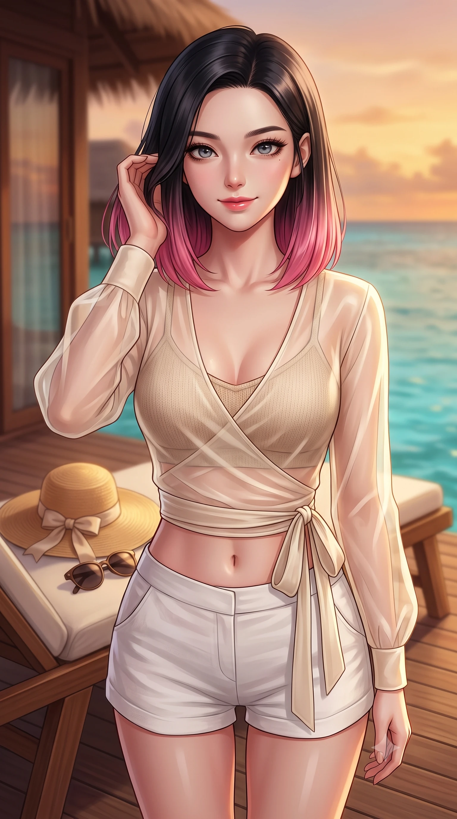 score_9, masterpiece, best quality, ultra-detailed, high-budget anime keyframe, editorial fashion photography, tasteful artistic composition, Korean woman. close-up cowboy shot from the waist and thighs up, the character dominates the composition, filling the frame with her large presence, background elements kept in soft focus. smiling cutely while gently brushing a strand of hair behind her ear set against a soft-focus background of on a private wooden deck of a luxury resort villa overlooking a turquoise lagoon with a straw sunhat and a pair of sunglasses resting on the lounge chair. She has an exceptionally elegant, slender, and willowy female figure with an ultra-slim waist, a gracefully sculpted slender torso, and a refined silhouette. sharp v-shaped jawline, high-bridge nose, intricate jewel-like eyes with depth, thick eyelashes, glossy lips with a natural sheen. wearing form-contouring sheer organza wrap top over a slim-fit knit bralette and low-cut linen shorts. warm, golden resort twilight lighting casting a relaxing, luxurious ambiance. highly saturated vibrant anime colors, detailed shading with soft gradients, rich glossy textures, high-contrast stereoscopic depth, volumetric dynamic lighting, master piece, 9:16 ratio