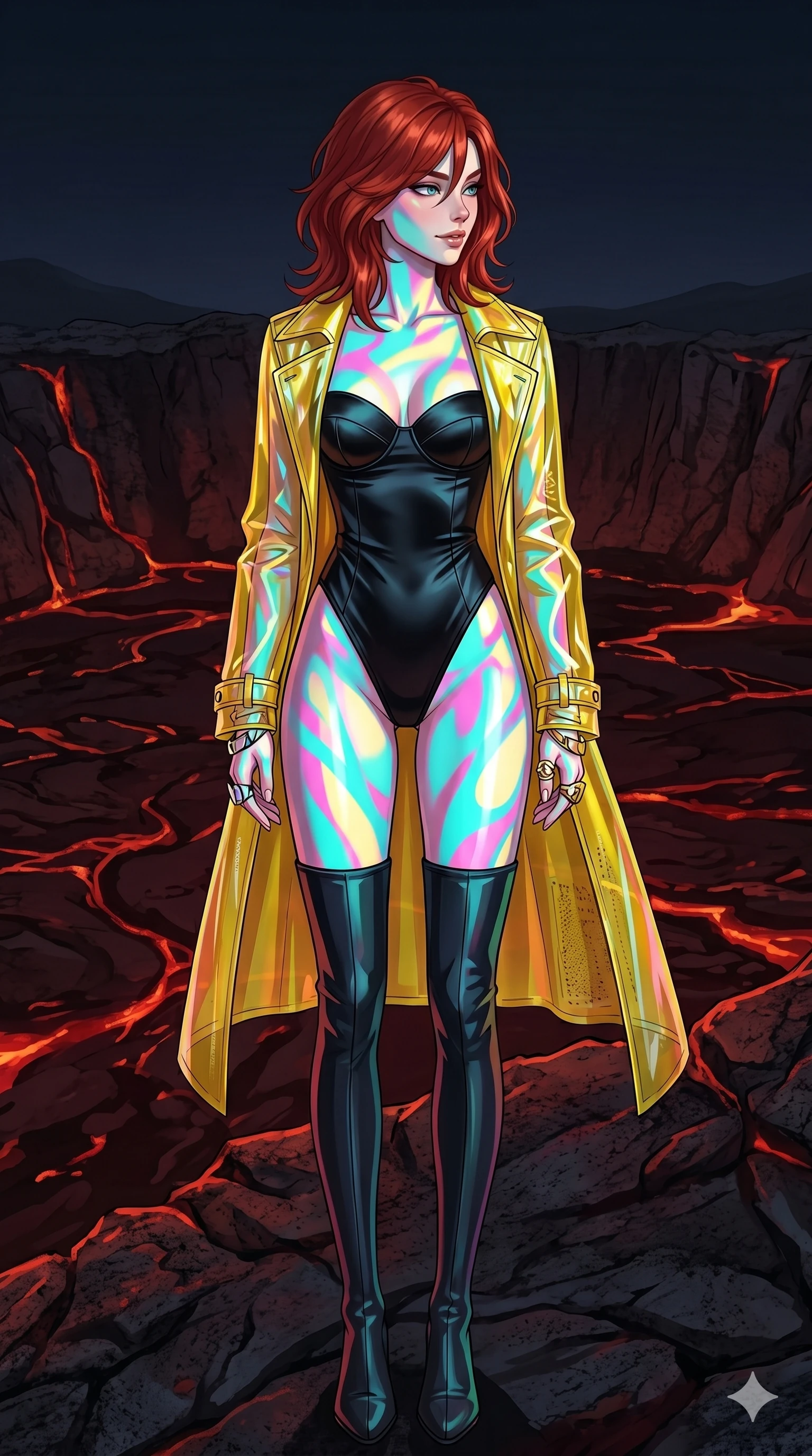 score_9, masterpiece, best quality, ultra-detailed, high-budget anime keyframe, editorial fashion photography, tasteful artistic composition, Korean woman. cowboy shot from the thighs up, character and outfit filling the frame for maximum editorial presence. Glancing sidelong over her shoulder with a smoldering half-smile at the edge of an active volcanic crater with streams of dark red lava glowing in the night. She has an absolutely perfect 8-heads proportion, an exceptionally tall and slender female figure with impossibly long slender legs and an ultra-slim waist. V-shaped jawline, high-bridge nose, intricate jewel-like eyes with depth, thick eyelashes, glossy lips with a natural sheen. wearing a translucent yellow PVC trench coat worn open over a high-cut black satin leotard with a structured sweetheart bust. lit by high-contrast holographic projection lighting with vivid colored shadows that define her form. 2k, ultra detail, master piece, 9:16 ratio