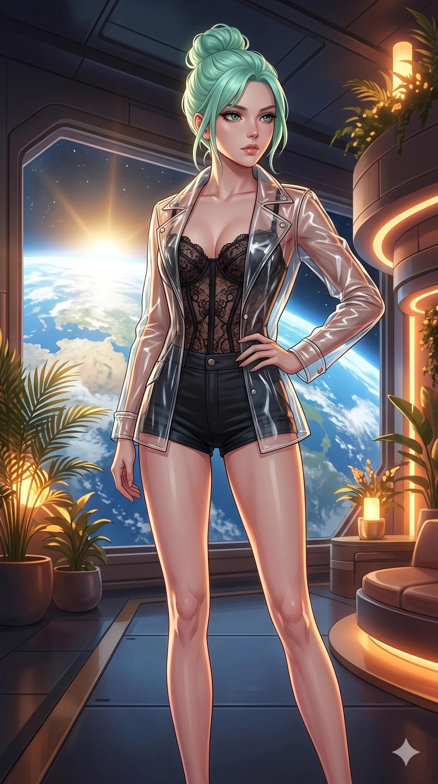 score_9, masterpiece, best quality, ultra-detailed, high-budget anime keyframe, editorial fashion photography, tasteful artistic composition, Japanese woman. cowboy shot from the thighs up, character and outfit filling the frame for maximum editorial presence. holding a powerful pose, looking past the camera with quiet superiority inside a space station lounge with a large window showing a sunny Earth (Code-P19-143). She has an absolutely perfect 8-heads proportion, an exceptionally tall and slender female figure with impossibly long slender legs and an ultra-slim waist. V-shaped jawline, high-bridge nose, intricate jewel-like eyes with depth, thick eyelashes, glossy lips with a natural sheen. wearing a transparent wet-look jacket over a black lace corset and micro-shorts. warm glowing resort lights filtering through the trees, outlining her V-shaped jawline. 2k, ultra detail, master piece, 9:16 ratio