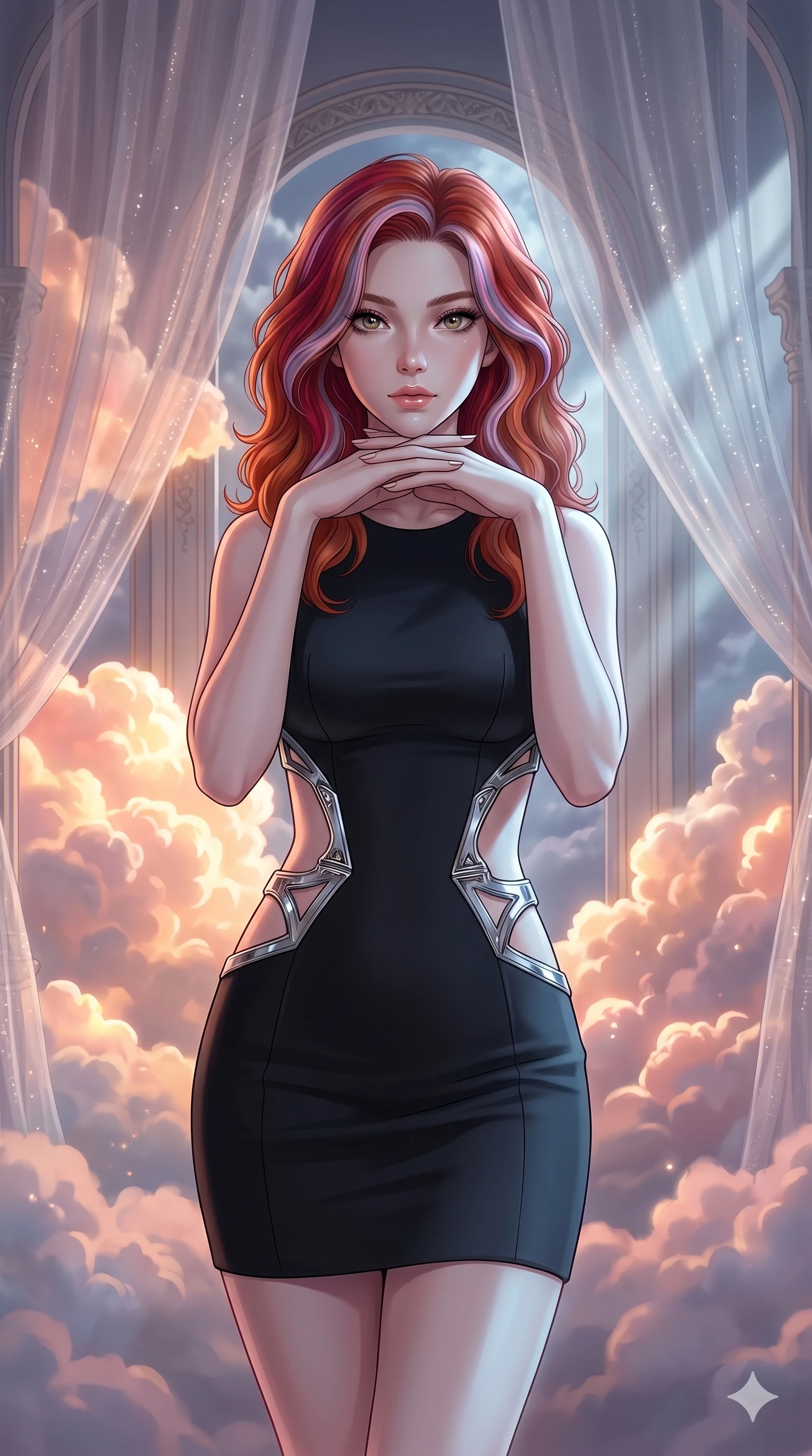 score_9, masterpiece, best quality, ultra-detailed, high-budget anime keyframe, editorial fashion photography, tasteful artistic composition, Caucasian woman, strictly human ears. cowboy shot from the thighs up, character and outfit filling the frame for maximum editorial presence. Resting her chin on the backs of her fingers in a confident pose inside a luminous cloud palace where cumulus formations glow with amber and rose from within. She has an absolutely perfect 8-heads proportion, an exceptionally tall and slender female figure with impossibly long slender legs and an ultra-slim waist. V-shaped jawline, high-bridge nose, intricate jewel-like eyes with depth, thick eyelashes, glossy lips with a natural sheen. wearing a structured matte black mini dress with bold geometric cutouts revealing glimpses of the waist and side torso, framed by chrome architectural hardware against a precision-fitted base. bathed in cold silver moonlight filtered through translucent gossamer curtains casting soft shadows on her curves. 2k, ultra detail, master piece, 9:16 ratio