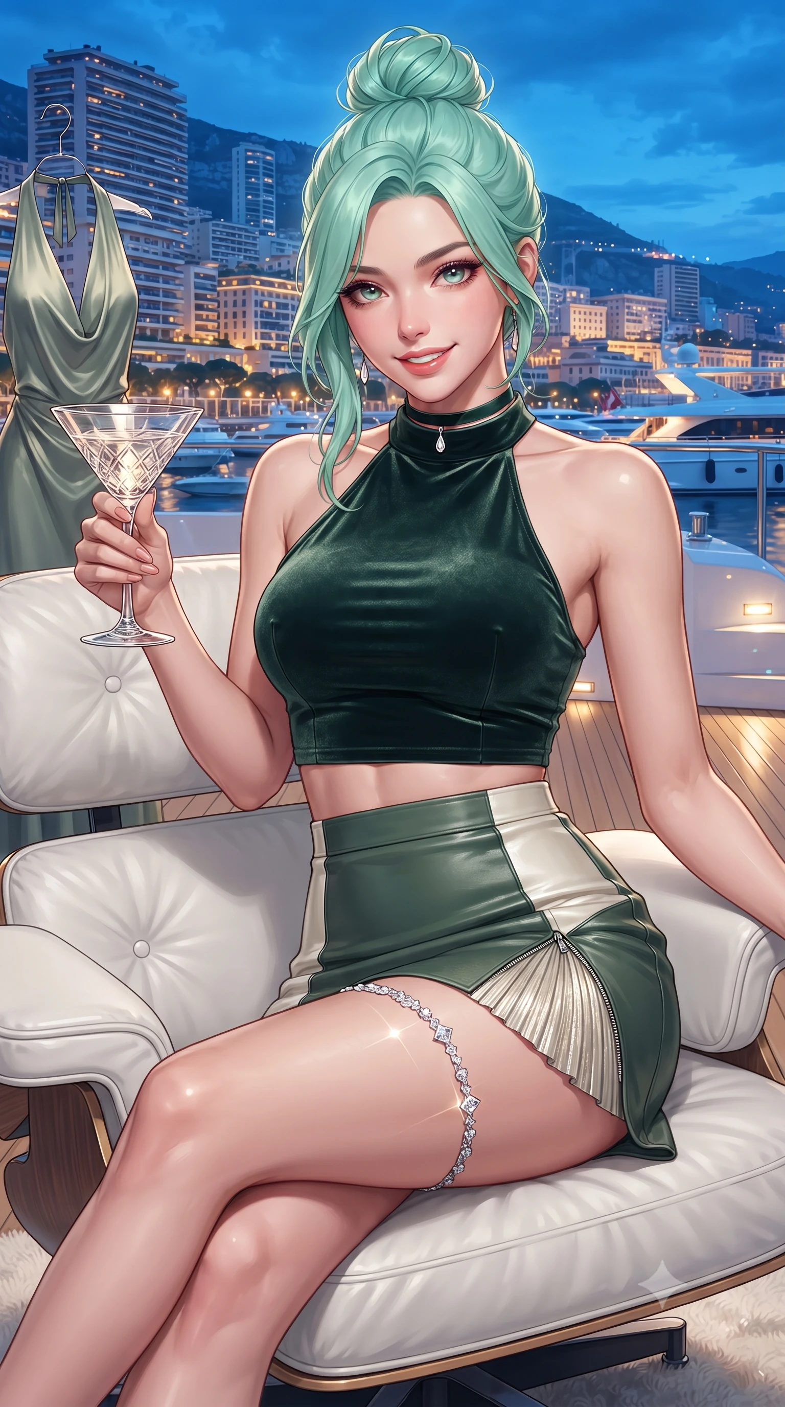 score_9, masterpiece, best quality, ultra-detailed, high-budget anime keyframe, editorial fashion photography, tasteful artistic composition, Japanese woman. close-up cowboy shot from the waist and thighs up, the character dominates the composition, filling the frame with her large presence. leaning forward while arching her lower back to accentuate her curvy hips, looking into the camera with an intoxicating smoldering gaze and bedroom-eyes while lounging in a modern white leather designer chair with legs crossed, holding a crystal martini glass with sovereign nocturnal charisma. The surrounding environment is rendered in vivid detail and crisp panoramic clarity: detailed backless silk halter dress drape, crystal thigh garter shine, and modern Monaco architecture in razor-sharp precision. She has an exceptionally elegant, slender, and willowy female figure with an ultra-slim waist, flat toned midriff, narrow ribcage, and sculpted feminine hips creating an alluring, slim hourglass silhouette without bulk. sharp v-shaped jawline, high-bridge nose, intricate jewel-like sparkling eyes with depth, thick eyelashes, glossy parted lips with a natural peach sheen, bright cheerful beaming smile with an enchanting and coquettish sensual glint, exuding both youthful cute charm and seductive allure, flawlessly proportioned anatomical accuracy, strict slender model proportions, natural body alignment, perfectly sculpted long slender limbs, ultra-slim waistline, clean dynamic posture without body distortion. wearing a high-neck cropped halter top in stretch velvet paired with a high-waisted leather mini skirt with side zip slit in Lake Como cypress green and crisp ivory pearl, crafted from delicate pleated metallic lamé catching dynamic light with every step, finished with a thin velvet ribbon choker and a single teardrop diamond pendant, the second-skin tailored fabric adhering flawlessly to her sculpted flat midriff and slender torso, emphasizing her long leg lines and perfectly proportioned willowy build. bathed in the dynamic blue-hour sky ambient contrasted with golden harbor lights and yacht deck illumination. ultra-reflective glossy finish, specular highlights, rich textural contrasts, high-contrast stereoscopic depth, volumetric dynamic lighting, 2k, ultra detail, master piece, 9:16 ratio