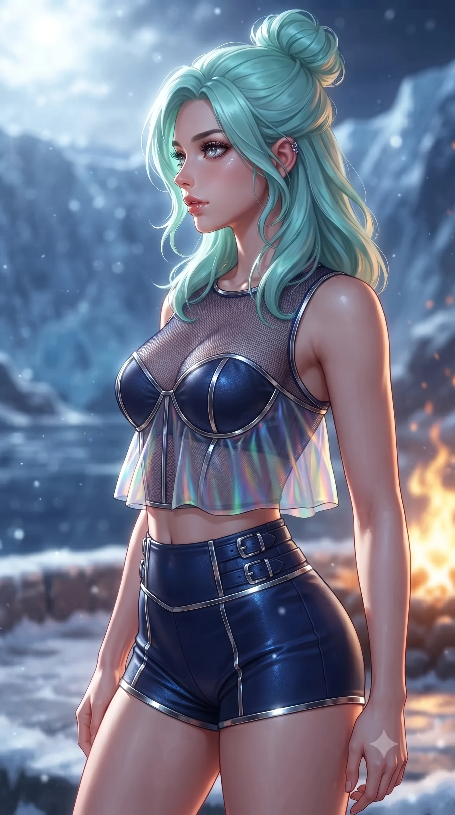 score_9, masterpiece, best quality, ultra-detailed, high-budget anime keyframe, editorial fashion photography, tasteful artistic composition, Japanese woman. close-up cowboy shot from the waist and thighs up, the character dominates the composition, filling the frame with her large presence, background elements kept in soft focus. Turning her face in sharp dramatic profile against the bright light, showcasing her sharp v-shaped jawline poised on a frost-carved terrace overlooking a vast glittering glacier at midnight, warm golden firelight clashing dramatically with cool silver moonbeams. She has an exceptionally elegant, slender, and willowy female figure with an ultra-slim waist, a gracefully sculpted slender torso, and a refined silhouette. sharp v-shaped jawline, high-bridge nose, intricate jewel-like eyes with depth, thick eyelashes, glossy lips with a natural sheen. wearing a delicate see-through mesh top with structured cup boning and micro-shorts in midnight navy blue and chrome trim, crafted from iridescent chiffon that shifts colors in the light, detailed with polished silver buckles along the waistline, the tailored fabric tightly following every curve of her athletic build. bathed in brilliant cold silver moonlight and crisp sapphire ambient glow. ultra-reflective glossy finish, specular highlights, metallic sheen, high-contrast stereoscopic depth, volumetric dynamic lighting, 2k, ultra detail, master piece, 9:16 ratio