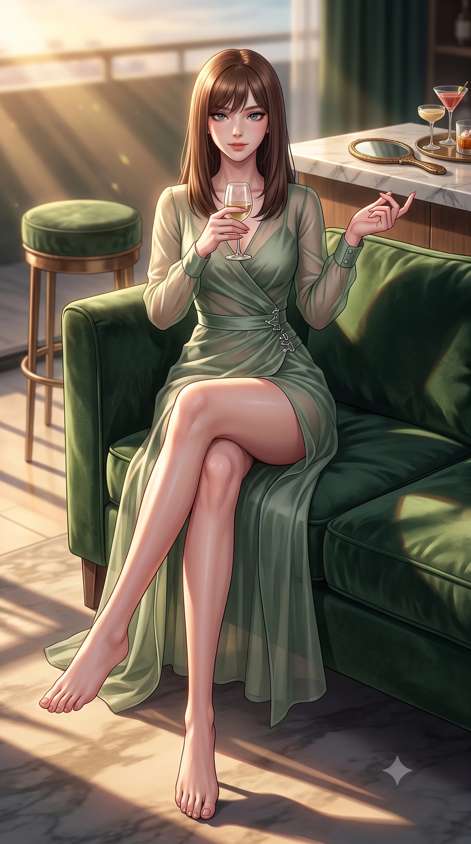 score_9, masterpiece, best quality, ultra-detailed, high-budget anime keyframe, editorial fashion photography, tasteful artistic composition, Korean woman. low angle full-body shot from head to toe showing her feet, filling the entire 9:16 vertical frame with her statuesque presence, stretching her vertical silhouette. sitting on a plush velvet sofa with her long slender legs crossed elegantly, gesturing cutely with a wine glass set against a soft-focus background of inside an exclusive rooftop terrace with a velvet-wrapped stool and an antique hand mirror resting on a marble counter. She has an absolutely perfect, statuesque 8.5-heads proportion, an exceptionally tall and slender model-like female figure with impossibly long slender legs and an ultra-slim waist. sharp v-shaped jawline, high-bridge nose, intricate jewel-like eyes with depth, thick eyelashes, glossy lips with a natural sheen. wearing slim-fit sage green sheer organza sleek long-sleeve silk wrap dress contouring her ultra-slim waist elegantly accented with delicate silver hardware. bathed in warm golden hour sunbeams that cast long, romantic shadows across the floor. highly saturated vibrant anime colors, detailed shading with soft gradients, rich glossy textures, high-contrast stereoscopic depth, volumetric dynamic lighting, master piece, 9:16 ratio