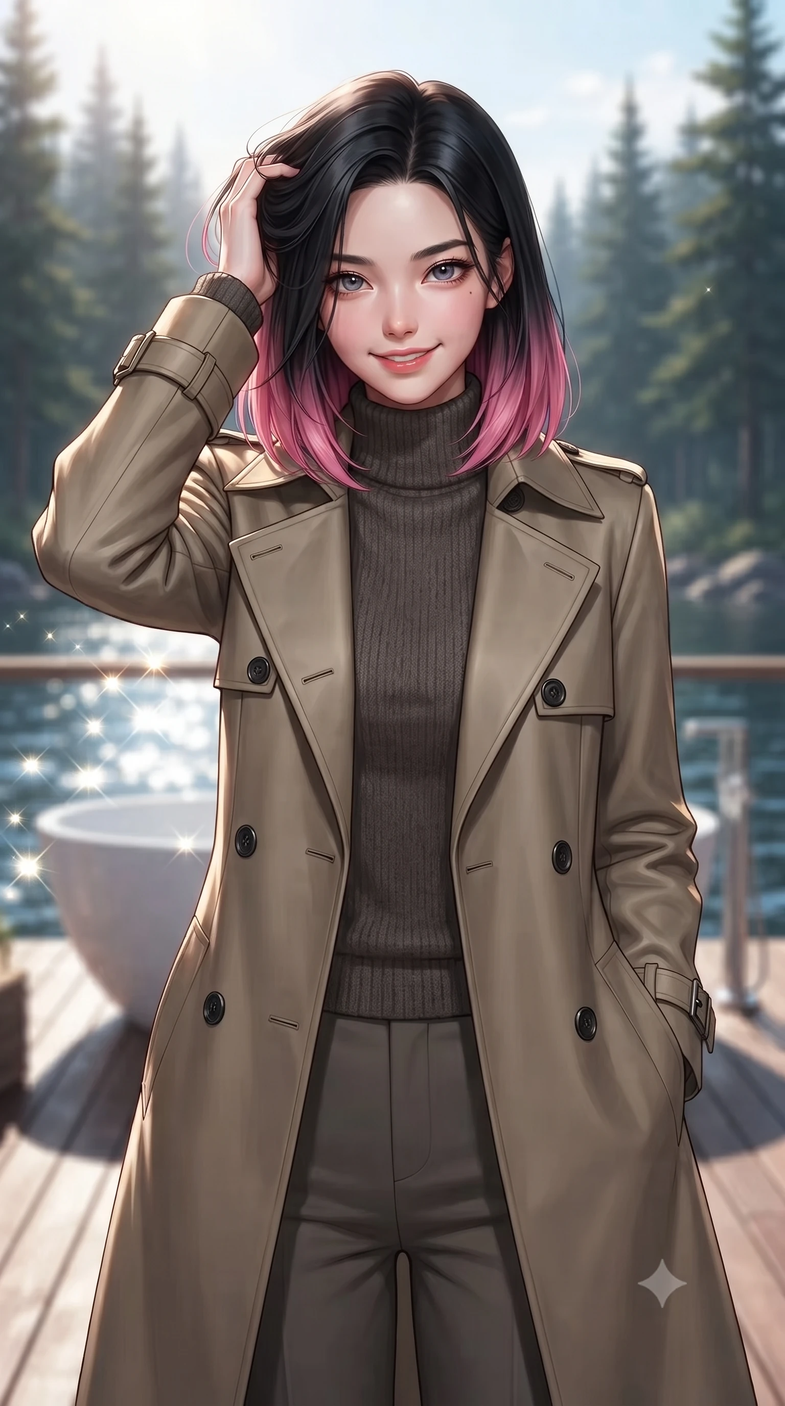 score_9, masterpiece, best quality, ultra-detailed, high-budget anime keyframe, editorial fashion photography, tasteful artistic composition, Korean woman. close-up cowboy shot from the waist and thighs up, the character dominates the composition, filling the frame with her large presence, background elements kept in soft focus. smiling with quiet, magnetic self-assurance directly into the camera, running a hand through her hair the background shows a soft-focus a luxury bath tub on a private deck overlooking a quiet bay in a pine forest. She has an exceptionally elegant, slender, and willowy female figure with an ultra-slim waist, a gracefully sculpted slender torso, and a refined silhouette. sharp v-shaped jawline, high-bridge nose, intricate jewel-like eyes with depth, thick eyelashes, glossy lips with a natural sheen. wearing a body-hugging tailored trench coat in khaki cotton, worn closed over a high-neck dark grey knit sweater and trousers. bright morning sun rays creating sparkling glints on the water and her form. ultra-reflective glossy finish, specular highlights, metallic sheen, high-contrast stereoscopic depth, volumetric dynamic lighting, 2k, ultra detail, master piece, 9:16 ratio