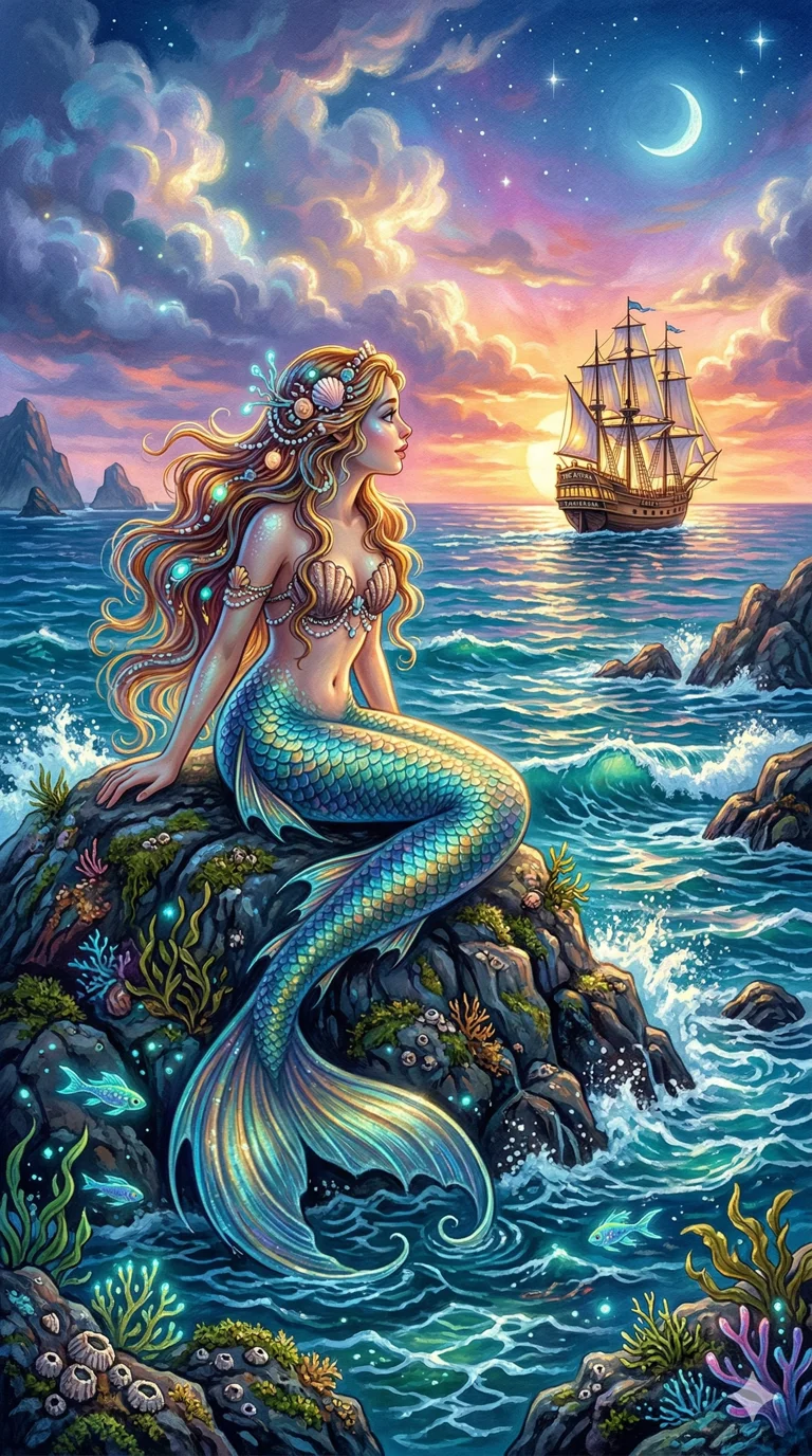 A beautiful mermaid with iridescent scales and flowing hair, resting on a rock and looking at a passing ship. Luminous, magical, fantasy illustration, style of a classic storybook. 4k, ultra detail, master piece, 9:16 ratio 4k, ultra detail, master piece, 9:16 ratio