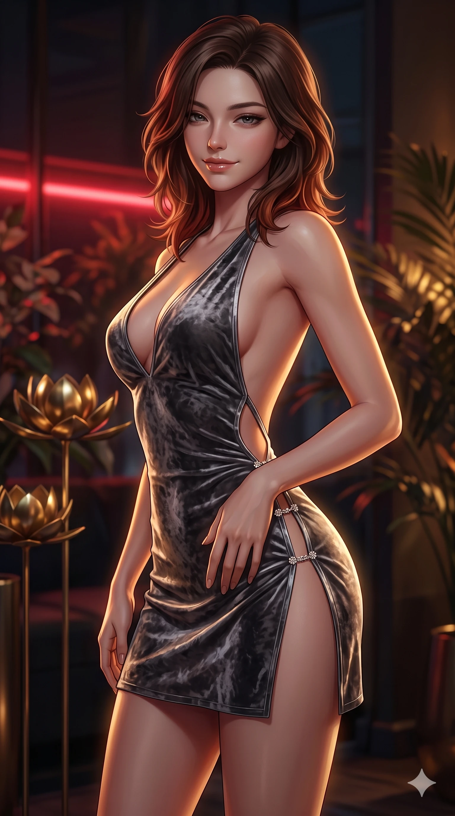 score_9, masterpiece, best quality, ultra-detailed, high-budget anime keyframe, semi-realistic 3D game render, editorial fashion photography, tasteful artistic composition, Korean woman. close-up cowboy shot from the waist and thighs up, the character dominates the composition, filling the frame with her large presence. tilting her head with a teasing half-smile, running one hand slowly down the side of her hip in a flirtatious S-curve as ambient light caresses her silhouette while twisting her slender torso in an alluring S-curve, polished brass lotus reflections and ambient red neon tracing her flat midriff and hourglass curves. The background shows a soft-focus exclusive high-stakes solarium atmosphere softened in private penthouse lounge shallow focus. She has an exceptionally elegant, slender, and willowy female figure with an ultra-slim waist, flat toned midriff, narrow ribcage, and sculpted feminine hips creating an alluring, slim hourglass silhouette without bulk. sharp v-shaped jawline, high-bridge nose, intricate jewel-like sparkling eyes with depth, thick eyelashes, glossy parted lips with a natural sheen, intensely captivating and seductive bedroom-eyes expression, exuding both youthful cute charm and sovereign luxury allure, flawlessly proportioned anatomical accuracy, strict slender model proportions, natural body alignment, perfectly sculpted long slender limbs, ultra-slim waistline, clean dynamic posture without body distortion. wearing a backless crushed velvet mini dress with a deep plunging neckline and hip-high thigh slit in charcoal grey and polished chrome, tailored from smooth liquid silk satin that clings smoothly to her narrow waist and rounded hips with a dewy sheen, finished with an ultra-high side slit secured by miniature jeweled clasps, the precision-cut side openings and low-back scoop framing her graceful spine and the sensual sweep of her slim, toned hips. bathed in low-key, high-contrast chiaroscuro lighting with narrow amber and gold spotlights on the table. highly saturated vibrant anime colors, detailed shading with soft gradients, rich glossy textures, high-contrast stereoscopic depth, volumetric dynamic lighting, master piece, 9:16 ratio