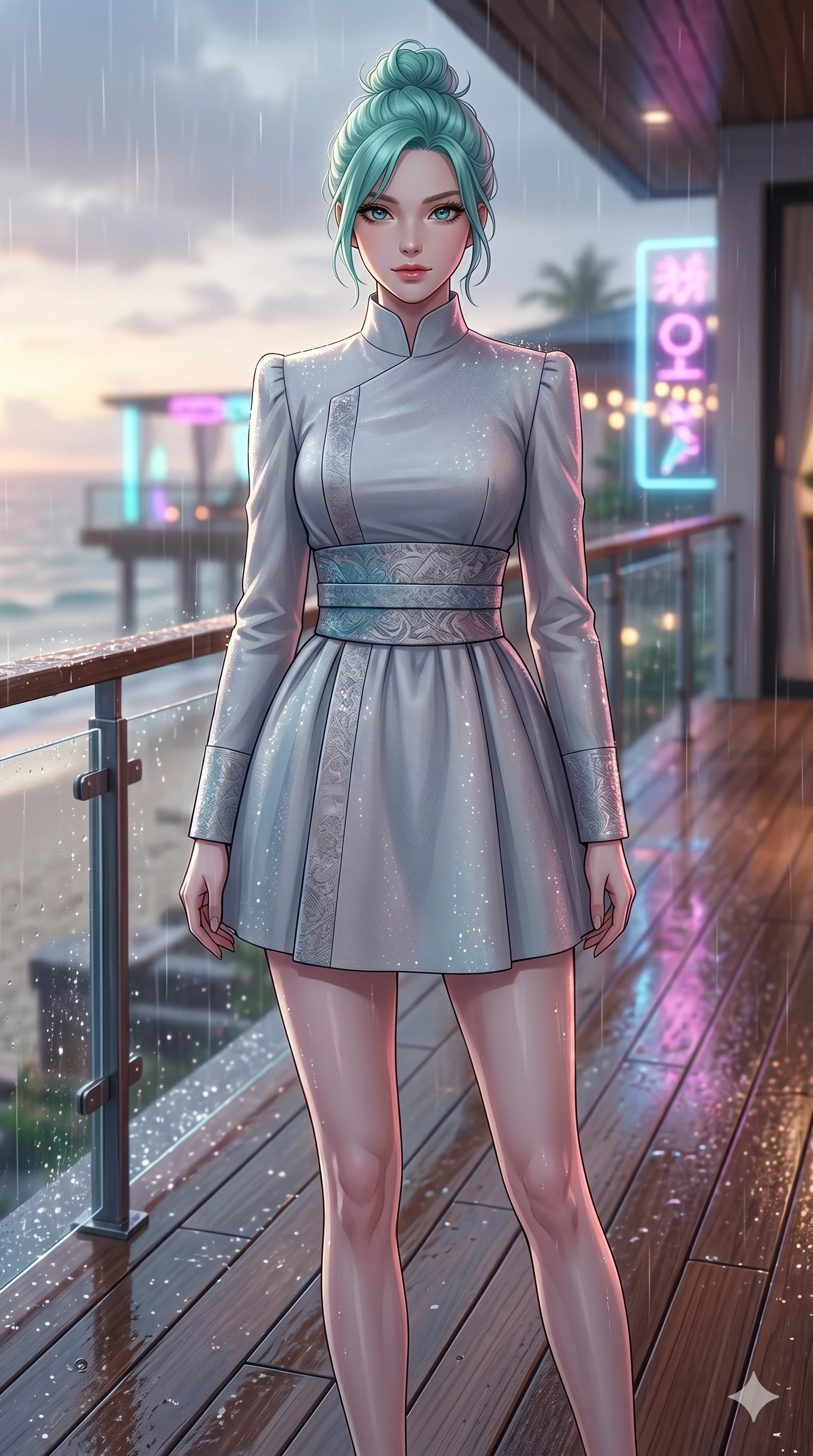 score_9, masterpiece, best quality, ultra-detailed, high-budget anime keyframe, editorial fashion photography, tasteful artistic composition, Japanese woman. cowboy shot from the thighs up, character and outfit filling the frame for maximum editorial presence. posing with quiet magnetic self-assurance, looking directly into the lens with a confident grin on a private teak deck of a luxury beach villa at dawn (Code-P17-039). She has an absolutely perfect 8-heads proportion, an exceptionally tall and slender female figure with impossibly long slender legs and an ultra-slim waist. V-shaped jawline, high-bridge nose, intricate jewel-like eyes with depth, thick eyelashes, glossy lips with a natural sheen. wearing a modern high-neck fusion hanbok with long sleeves and a wide sash. neon lights refracting through the rain droplets, creating a sparkling, wet glow on her. 2k, ultra detail, master piece, 9:16 ratio