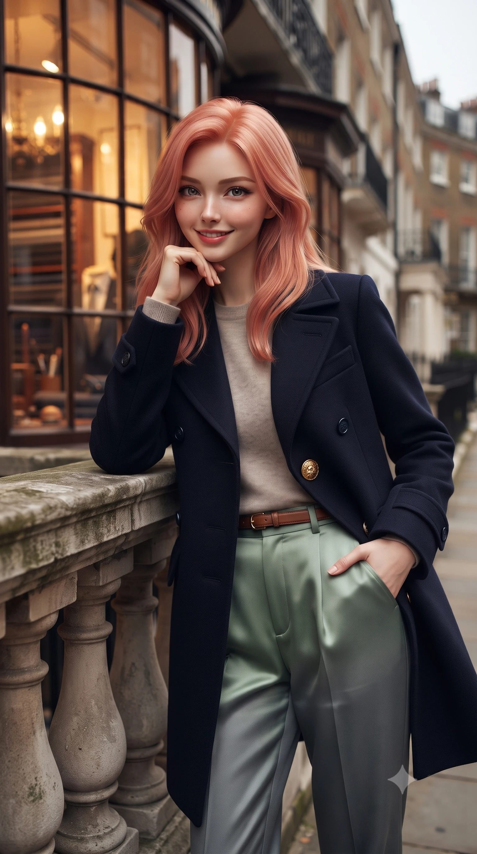 score_9, masterpiece, best quality, ultra-detailed, high-budget anime keyframe, editorial fashion photography, tasteful artistic composition, Japanese woman. close-up cowboy shot from the waist and thighs up, the character dominates the composition, filling the frame with her large presence. resting one elbow on the stone balustrade, chin poised lightly on her hand with intelligent, charming warmth while pausing in front of the warm bay window of a heritage Savile Row tailor shop, one hand slipped gracefully into her tailored coat pocket. The background shows a soft-focus historic Georgian townhouse facades softened in moody London autumn shallow focus. She has an exceptionally elegant, slender, and willowy female figure with an ultra-slim waist, flat toned midriff, narrow ribcage, and sculpted feminine hips creating an alluring, slim hourglass silhouette without bulk. sharp v-shaped jawline, high-bridge nose, intricate jewel-like sparkling eyes with depth, thick eyelashes, glossy parted lips with a natural peach sheen, bright cheerful beaming smile with an enchanting and coquettish sensual glint, exuding both youthful cute charm and seductive allure, flawlessly proportioned anatomical accuracy, strict slender model proportions, natural body alignment, perfectly sculpted long slender limbs, ultra-slim waistline, clean dynamic posture without body distortion. wearing a navy tailored wool peacoat with anchor buttons layered over a soft merino wool sweater and pressed pleated slacks in misty Arashiyama bamboo green and slate grey, crafted from fluid mulberry silk twill with an understated lustrous pearl finish, accented with an ornate 24k gold lion-embossed crest button along the front closure, the streamlined silhouette following her natural slender proportions with sophisticated poise, enhancing her tall willowy presence. bathed in diffused London overcast sky light contrasted with warm incandescent shopfront display illumination. ultra-reflective glossy finish, specular highlights, rich textural contrasts, high-contrast stereoscopic depth, volumetric dynamic lighting, 2k, ultra detail, master piece, 9:16 ratio