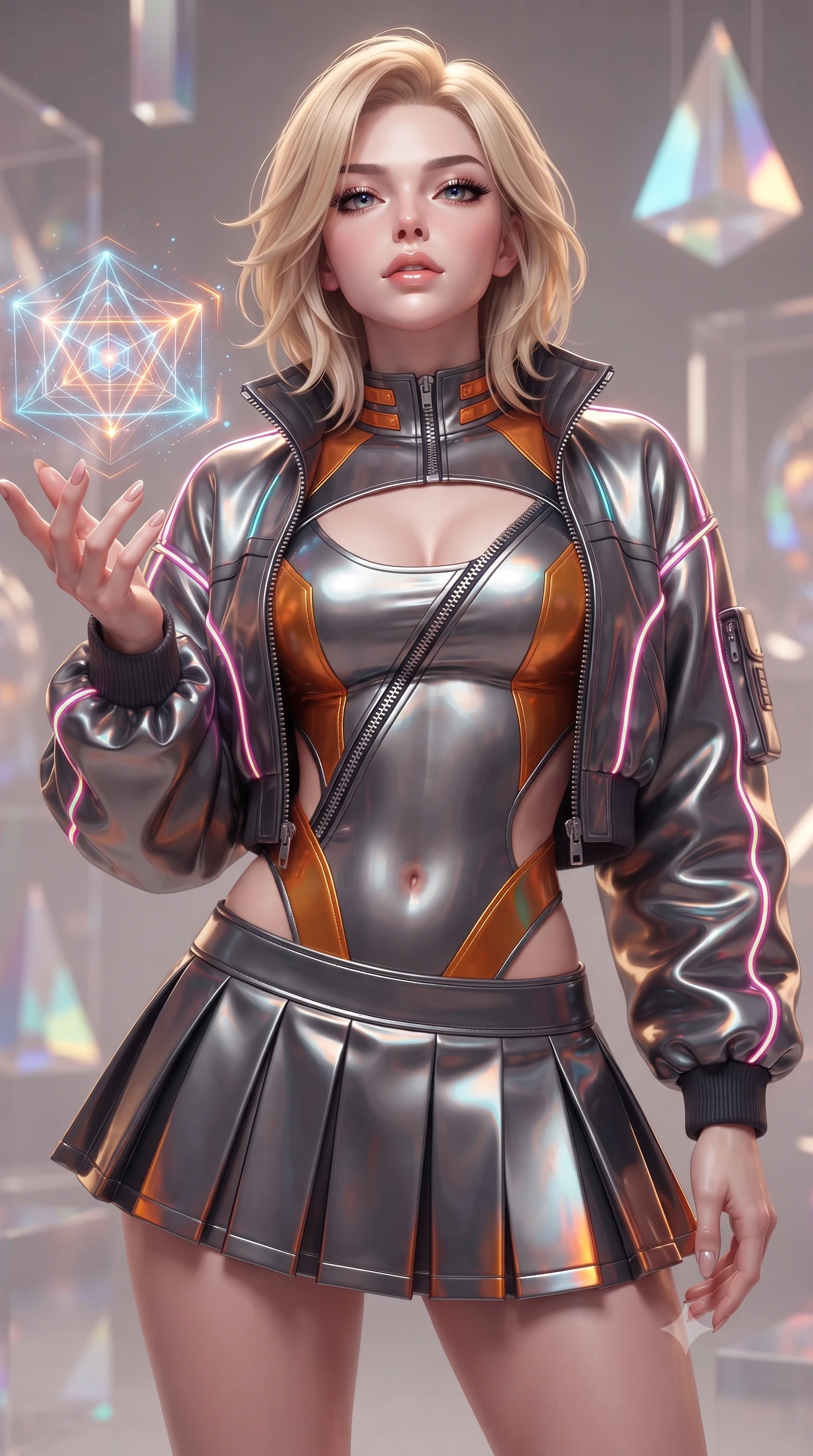score_9, masterpiece, best quality, ultra-detailed, high-budget anime keyframe, editorial fashion photography, tasteful artistic composition, Caucasian woman. close-up cowboy shot from the waist and thighs up, the character dominates the composition, filling the frame with her large presence. tilting her chin up with proud, sovereign confidence while gazing directly into the lens with thick, dark eyelashes while reaching out one manicured hand to interact with a floating holographic geometry display with an intrigued expression. The composition keeps background elements in soft focus with creamy bokeh. translucent acrylic art installations and geometric light prisms softened in dreamy shallow focus. She has an exceptionally elegant, slender, and willowy female figure with an ultra-slim waist, a gracefully sculpted slender torso, toned flat midriff, and a refined slim silhouette. sharp v-shaped jawline, high-bridge nose, intricate jewel-like eyes with depth, thick eyelashes, glossy lips with a natural sheen, captivating and magnetic expression, flawlessly proportioned anatomical accuracy, strict slender model proportions, natural body alignment, perfectly sculpted long slender limbs, ultra-slim waistline, clean dynamic posture without body distortion. wearing a cutout cyberpunk bodysuit paired with an oversized neon-piped bomber jacket and pleated micro-skirt in metallic gunmetal and laser orange, crafted from durable coated canvas and polished metallic hardware, accented with metallic zipper teeth running along the diagonal cutouts, the form-contouring material adhering flawlessly to her sculpted flat midriff and slender torso, emphasizing her long leg lines and perfectly proportioned willowy build. illuminated by clean geometric specular highlights tracing her sculpted torso and legs. ultra-reflective glossy finish, specular highlights, rich textural contrasts, high-contrast stereoscopic depth, volumetric dynamic lighting, 2k, ultra detail, master piece, 9:16 ratio