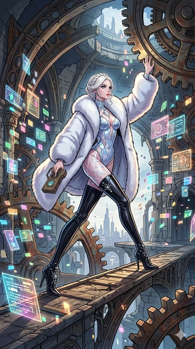 score_9, masterpiece, best quality, ultra-detailed, high-budget anime movie keyframe, cinematic anime lighting, intricate line art, Korean woman. Dynamic full-body shot stretching the vertical silhouette across the 9:16 frame. exploring lost ruins in