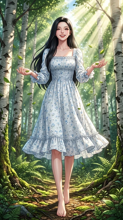 score_9, masterpiece, best quality, ultra-detailed, high-budget anime keyframe, semi-realistic 3D game render, editorial fashion photography, tasteful artistic composition, Korean woman. low angle full-body shot from head to toe showing her feet, fil