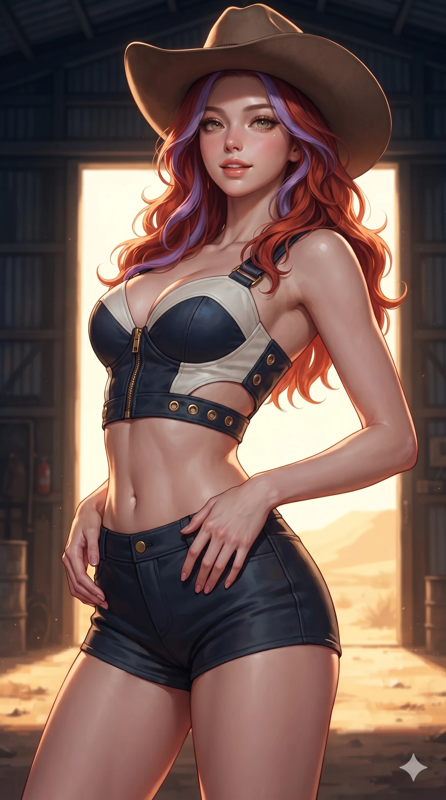 score_9, masterpiece, best quality, ultra-detailed, high-budget anime keyframe, editorial fashion photography, tasteful artistic composition, Caucasian woman. close-up cowboy shot from the waist and thighs up, the character dominates the composition, filling the frame with her large presence. arching her spine backward with effortless dancer poise, one hand sliding along her hip line as directional light carves specular highlights along her silhouette while twisting her slender torso in an alluring S-curve, harsh desert exterior sunlight contrasting with dark warehouse interiors across her flat midriff and hips. The surrounding environment is rendered in vivid detail and crisp panoramic clarity: detailed two-piece desert outlaw set tailoring, brass zipper hardware, and rugged industrial architecture in razor-sharp precision. She has an exceptionally elegant, slender, and willowy female figure with an ultra-slim waist, flat toned midriff, narrow ribcage, and sculpted feminine hips creating an alluring, slim hourglass silhouette without bulk. sharp v-shaped jawline, high-bridge nose, sparkling eyes with hypnotic seductive depth, thick curled eyelashes, glossy parted lips with a natural dewy peach sheen, alluring bedroom-eyes with an enchanting coquettish smile, exuding magnetic siren charisma and sophisticated glamour, flawlessly proportioned anatomical accuracy, strict slender model proportions, natural body alignment, perfectly sculpted long slender limbs, ultra-slim waistline, clean dynamic posture without body distortion. wearing a plunging sweetheart neckline leatherette bustier with side-waist diamond cutouts contouring her ribcage in French Riviera navy and optic white with gold grommets, crafted from rugged heavy-duty canvas and oiled leather with authentic desert durability, finished with a wide-brimmed felt cowboy hat tipped back to frame her face and long glossy hair, the form-contouring cut accentuating her sculpted flat midriff, narrow delicate ribcage, and gracefully curvy hips with intoxicating allure. bathed in the extreme chiaroscuro contrast of cool deep indoor shadow and explosive 4000K golden desert sunlight flooding through the doorway. ultra-reflective glossy finish, specular highlights, rich textural contrasts, high-contrast stereoscopic depth, volumetric dynamic lighting, 2k, ultra detail, master piece, 9:16 ratio