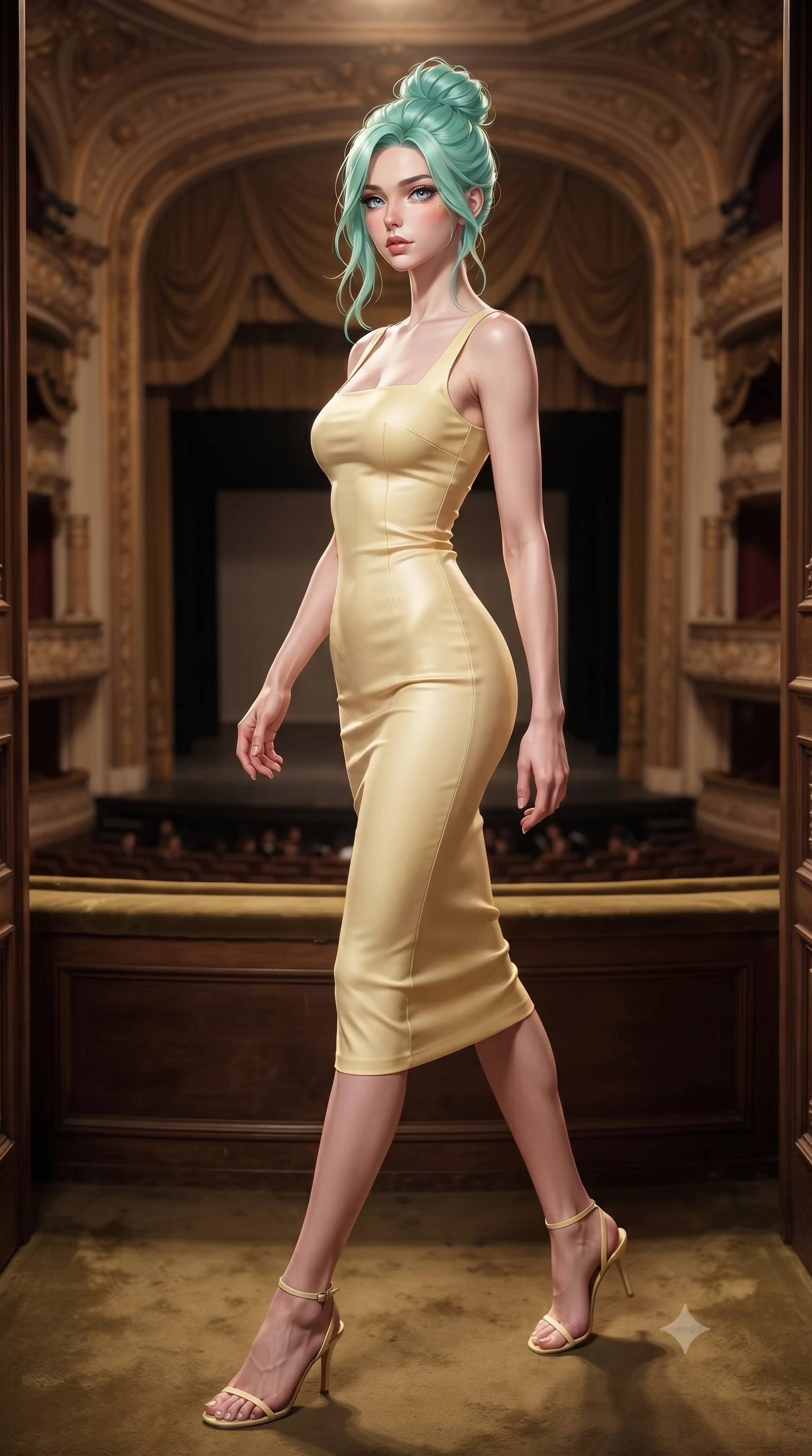score_9, masterpiece, best quality, ultra-detailed, high-budget anime keyframe, editorial fashion photography, tasteful artistic composition, Japanese woman. low angle full-body shot from head to toe showing her feet, filling the entire 9:16 vertical frame with her statuesque presence, stretching her vertical silhouette. stepping gracefully while looking back over her shoulder, her dress draped tightly to reveal her silhouette the background shows a soft-focus a private balcony alcove of a historic grand theater overlooking the empty orchestra pit. She has an absolutely perfect, statuesque 8.5-heads proportion, an exceptionally tall and slender model-like female figure with impossibly long slender legs and an ultra-slim waist. sharp v-shaped jawline, high-bridge nose, intricate jewel-like eyes with depth, thick eyelashes, glossy lips with a natural sheen. wearing a body-hugging casual summer sundress in pale yellow cotton with a simple square neckline. a single warm spotlight from the stage tracing her statuesque posture. ultra-reflective glossy finish, specular highlights, metallic sheen, high-contrast stereoscopic depth, volumetric dynamic lighting, 2k, ultra detail, master piece, 9:16 ratio