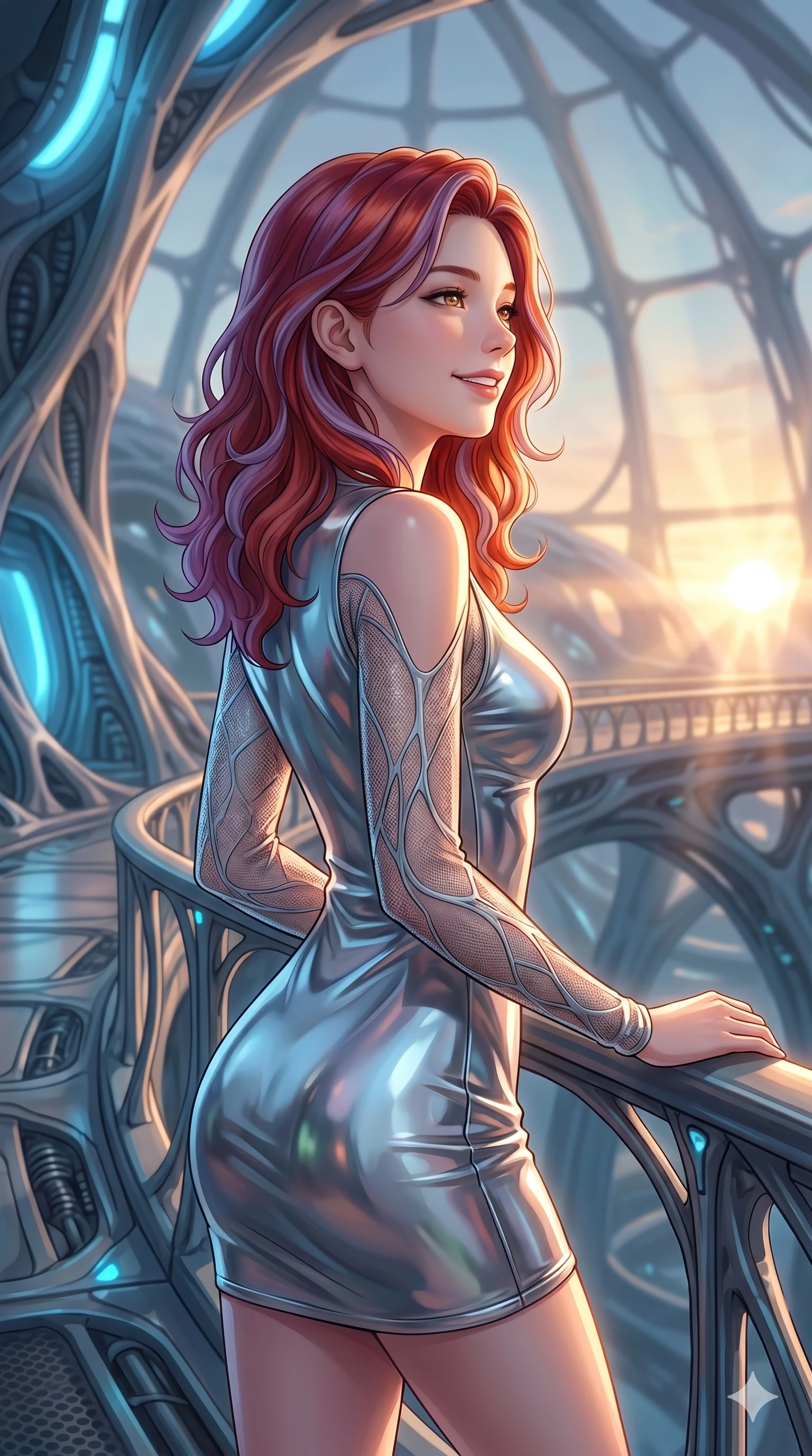 score_9, masterpiece, best quality, ultra-detailed, high-budget anime keyframe, Caucasian woman, strictly human ears. Upper body close-up from the thighs up, character filling the screen for maximum presence. Standing on a bridge in a biotech dome during sunrise, looking towards the sunrise with a peaceful, happy expression. She is wearing an asymmetrical dress in liquid-chrome finish and sheer mesh sleeves. The scene is bathed in the soft golden rays of the sun and blue ambient lights. 2k, ultra detail, master piece, 9:16 ratio