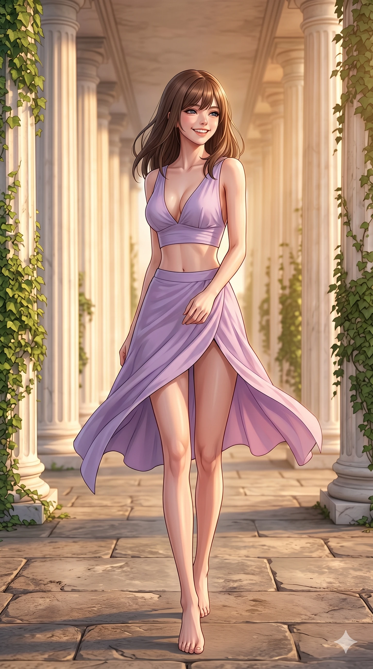 score_9, masterpiece, best quality, ultra-detailed, high-budget anime keyframe, editorial fashion photography, tasteful artistic composition, Korean woman. cowboy shot from the thighs up, character and outfit filling the frame for maximum editorial presence. looking back over her shoulder with a happy, beaming grin, her eyes sparkling with joy walking through a sunny colonnade with tall white columns and green ivy. She has an absolutely perfect 8-heads proportion, an exceptionally tall and slender female figure with impossibly long slender legs and an ultra-slim waist. V-shaped jawline, high-bridge nose, intricate jewel-like eyes with depth, thick eyelashes, glossy lips with a natural sheen. wearing a lightweight lavender crop top with a plunging V-neckline and matching split skirt. bathed in warm golden hour light pouring through the columns, casting a warm glow. 2k, ultra detail, master piece, 9:16 ratio