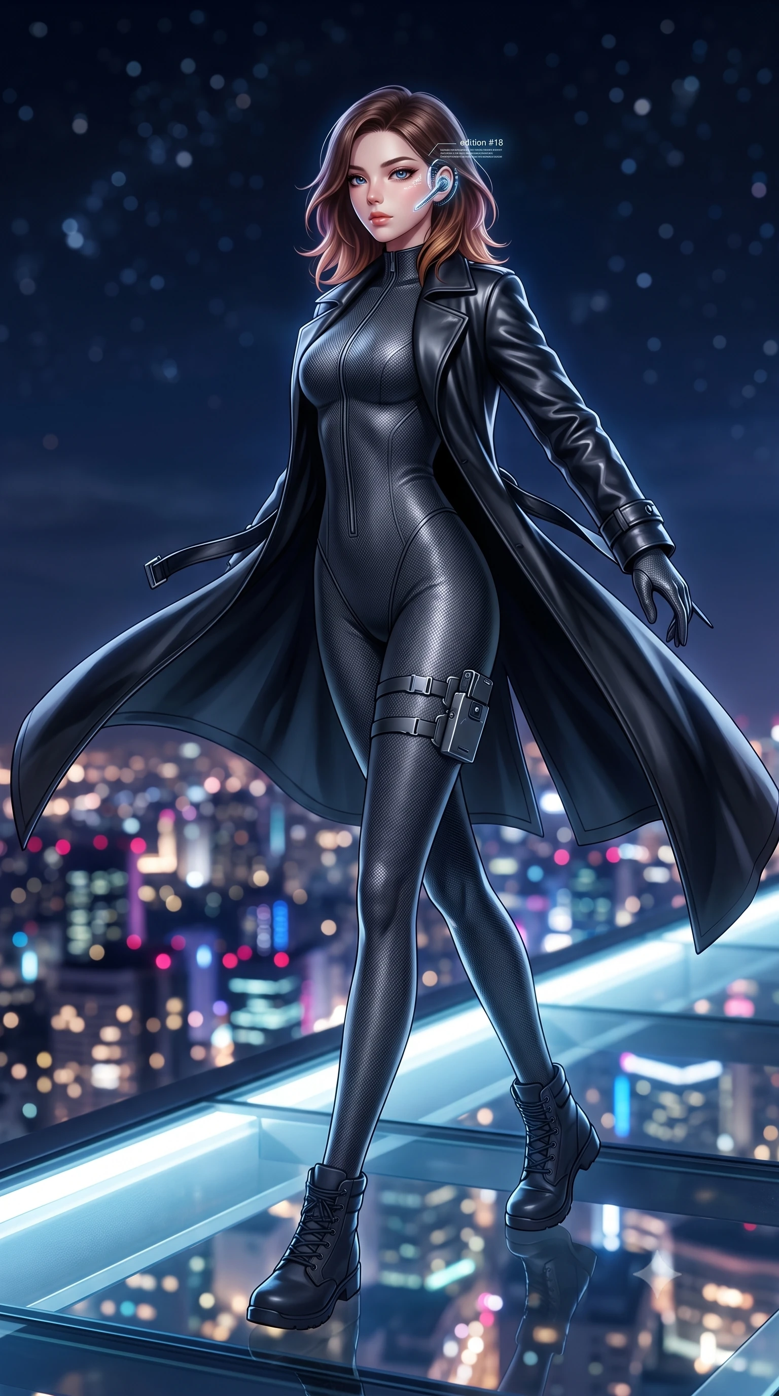 score_9, masterpiece, best quality, ultra-detailed, high-budget anime keyframe, semi-realistic 3D game render, editorial fashion photography, tasteful artistic composition, Korean woman. low angle full-body shot from head to toe showing her feet, filling the entire 9:16 vertical frame with her statuesque presence, stretching her vertical silhouette. executing an elegant mid-motion spin with effortless grace, her garments fluttering softly around her ultra-slim waistline while striding along the illuminated glass deck with effortless high-fashion authority and statuesque poise. The composition keeps background elements in soft focus with creamy bokeh. dazzling skyscraper metropolis light clusters and starry night skies blurred into deep sapphire, magenta, and gold bokeh. She has an absolutely perfect, statuesque 8.5-heads proportion, an exceptionally tall and slender model-like female figure with impossibly long slender legs, a toned flat midriff, and an ultra-slim waist. sharp v-shaped jawline, high-bridge nose, intricate jewel-like eyes with depth, thick eyelashes, glossy lips with a natural sheen, captivating and magnetic expression, flawlessly proportioned anatomical accuracy, strict slender model proportions, natural body alignment, perfectly sculpted long slender limbs, ultra-slim waistline, clean dynamic posture without body distortion. wearing a sleek second-skin dark carbon-weave infiltration catsuit paired with a tailored long leather trench coat in stealth obsidian black and midnight navy, crafted from flexible ballistic matte leather and ultra-sleek stretch neoprene, equipped with a minimalist titanium leg holster and smart holographic earpiece edition #18, the glove-like aerodynamic second-skin fit tightly clinging to her ultra-slender waist and athletic curves without adding bulk, accentuating her razor-sharp statuesque lines and slim hourglass silhouette. surrounded by a cosmopolitan, elite, and intensely magnetic modern royalty aura. highly saturated vibrant anime colors, detailed shading with soft gradients, rich glossy textures, high-contrast stereoscopic depth, volumetric dynamic lighting, master piece, 9:16 ratio