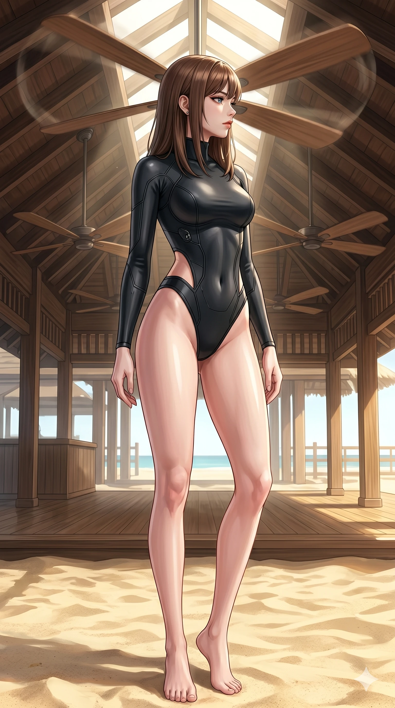 score_9, masterpiece, best quality, ultra-detailed, high-budget anime keyframe, editorial fashion photography, tasteful artistic composition, Korean woman. cowboy shot from the thighs up, character and outfit filling the frame for maximum editorial presence. standing tall on the sand, her face turned in profile, with a composed expression in a resort pavilion with massive turning wooden ceiling fans (Code-P19-082). She has an absolutely perfect 8-heads proportion, an exceptionally tall and slender female figure with impossibly long slender legs and an ultra-slim waist. V-shaped jawline, high-bridge nose, intricate jewel-like eyes with depth, thick eyelashes, glossy lips with a natural sheen. wearing a sleek neoprene cyber-bodysuit with high-cut leg lines and an exposed waist. dramatic sunlight from above, outlining her tall slender figure and waist. 2k, ultra detail, master piece, 9:16 ratio