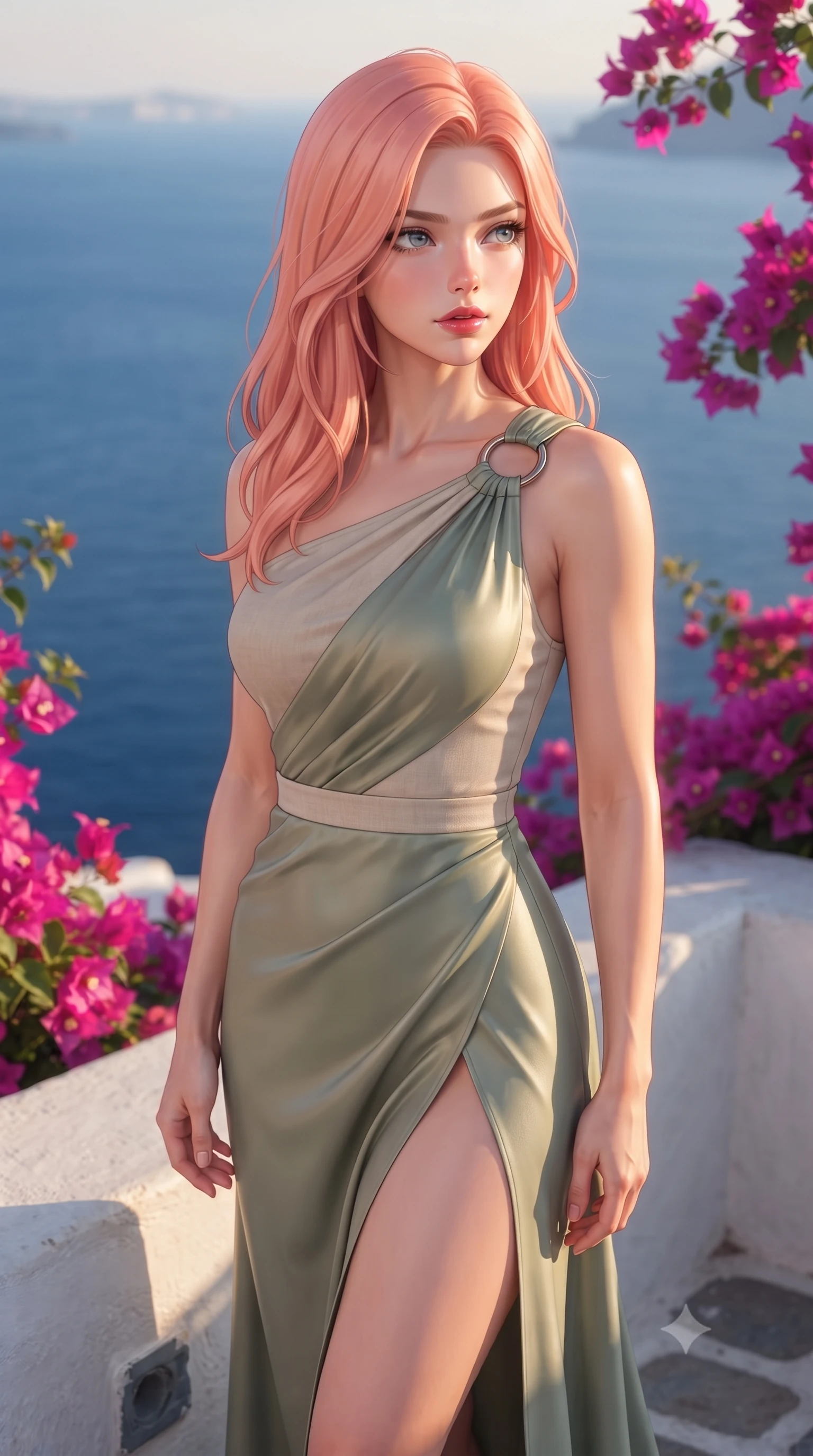 score_9, masterpiece, best quality, ultra-detailed, high-budget anime keyframe, editorial fashion photography, tasteful artistic composition, Japanese woman. close-up cowboy shot from the waist and thighs up, the character dominates the composition, filling the frame with her large presence, background elements kept in soft focus. Gazing past the camera with an air of effortless elegance and mysterious confidence standing on a whitewashed stone terrace overlooking the deep blue Aegean sea, vivid magenta bougainvillea flowers creating colorful organic framing. She has an exceptionally elegant, slender, and willowy female figure with an ultra-slim waist, a gracefully sculpted slender torso, and a refined silhouette. sharp v-shaped jawline, high-bridge nose, intricate jewel-like eyes with depth, thick eyelashes, glossy lips with a natural sheen. wearing an asymmetrical Grecian draped chiffon gown with a metallic shoulder ring in sage green and oatmeal, made of fine carbon-fiber weave and soft matte leather, finished with a sleek side slit ascending to mid-thigh, the tailored fabric tightly following every curve of her athletic build. illuminated by warm Tuscan sunset light with soft terracotta ambient glow. highly saturated vibrant anime colors, detailed shading with soft gradients, rich glossy textures, high-contrast stereoscopic depth, volumetric dynamic lighting, master piece, 9:16 ratio
