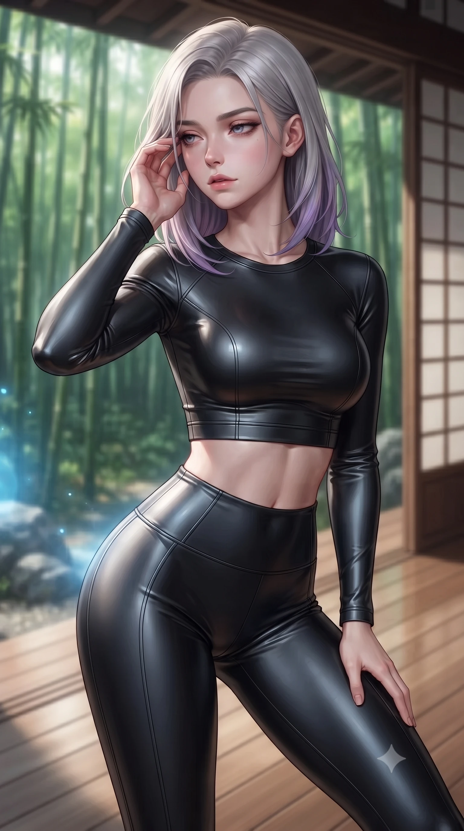 score_9, masterpiece, best quality, ultra-detailed, high-budget anime keyframe, editorial fashion photography, tasteful artistic composition, Caucasian woman. close-up cowboy shot from the waist and thighs up, the character dominates the composition, filling the frame with her large presence, background elements kept in soft focus. gently touching the side of her temple, casting a heavy-lidded, sultry look past the camera, the background shows a soft-focus a bamboo forest veranda made of polished wood and sliding screens. She has an exceptionally elegant, slender, and willowy female figure with an ultra-slim waist, a gracefully sculpted slender torso, and a refined silhouette. sharp v-shaped jawline, high-bridge nose, intricate jewel-like eyes with depth, thick eyelashes, glossy lips with a natural sheen. wearing a body-hugging form-fitting athletic crop top and matching high-waisted compression leggings in sleek carbon-black tech fabric. soft blue light radiating from digital rocks onto her refined profile. ultra-reflective glossy finish, specular highlights, metallic sheen, high-contrast stereoscopic depth, volumetric dynamic lighting, 2k, ultra detail, master piece, 9:16 ratio
