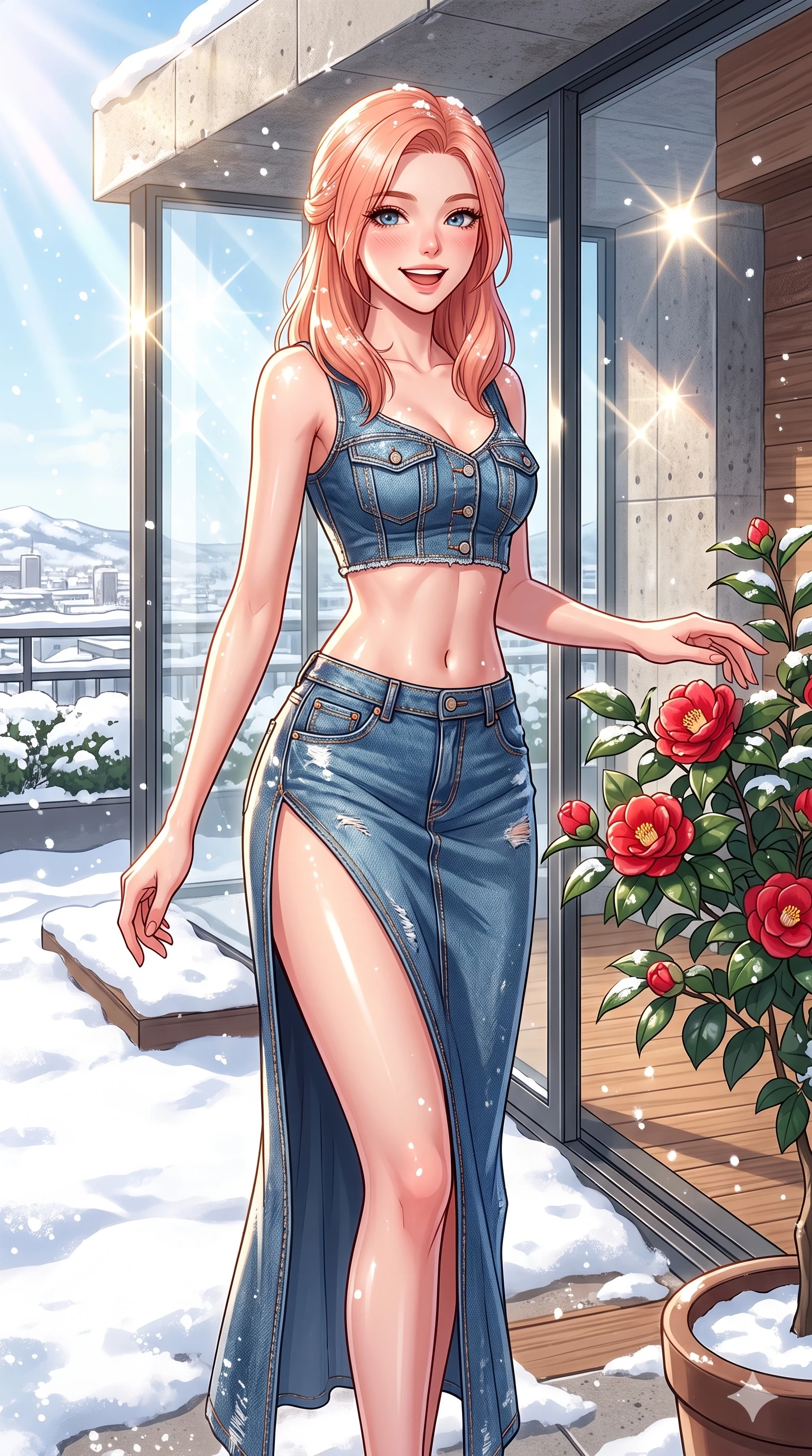 score_9, masterpiece, best quality, ultra-detailed, high-budget anime keyframe, vibrant anime aesthetic, Japanese woman. cowboy shot from the thighs up, character and outfit filling the frame for maximum presence. She is standing by a camellia pot, smiling brightly while reaching out a hand in snow on a luxury hotel rooftop terrace under morning winter rays (Code-P21-084). She has an absolutely perfect 8-heads proportion, an exceptionally tall and slender female figure with impossibly long slender legs and an ultra-slim waist. V-shaped jawline, high-bridge nose, intricate jewel-like eyes with depth, thick eyelashes, glossy lips with a natural sheen. wearing a crop top with an exposed midriff and high-slit denim skirt in winter. She is illuminated by direct, sparkling winter sunbeams reflecting off the clean window glass. 2k, ultra detail, master piece, 9:16 ratio