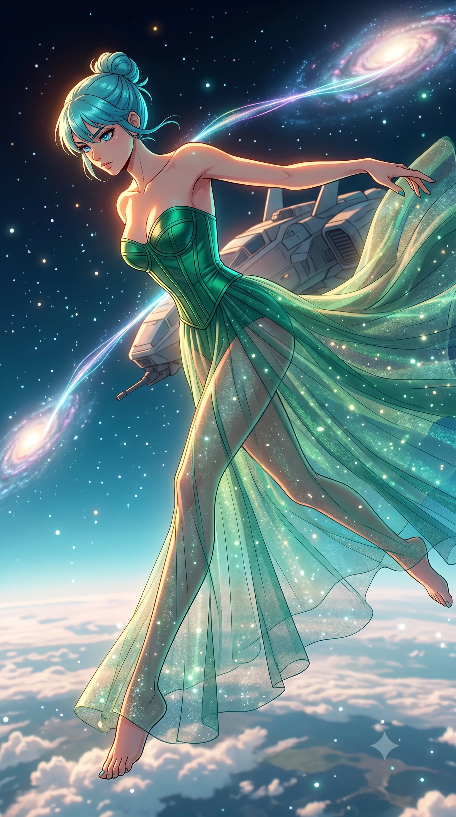 score_9, masterpiece, best quality, ultra-detailed, high-budget anime keyframe, editorial fashion photography, tasteful artistic composition, Japanese woman. low angle full-body shot from head to toe showing her feet, filling the entire 9:16 vertical frame with her statuesque presence, stretching her vertical silhouette. leaping off a launching drop-ship, diving headfirst toward the cloud tops of an alien world through a thin strand of glowing intergalactic gas connecting two galaxies, space dust floating like snow. She has a statuesque 8.5-heads proportion, an exceptionally tall, slender and willowy model-like build with impossibly long legs and a highly sculpted ultra-slim waist. sharp v-shaped jawline, high-bridge nose, intricate jewel-like eyes with depth, thick eyelashes, glossy lips with a natural sheen. wearing catching and diffusing the glowing particles, shimmering softly in response to the surrounding light, a slim-fit corset-topped gown with visible structured boning in emerald green satin, paired with a floor-length sheer tulle skirt. highly saturated vibrant anime colors, intense vivid color palette, soft 3D volumetric shading, volumetric dynamic lighting, warm amber rim lighting combined with cool teal fill light creating dramatic contrast. 2k, ultra detail, master piece, 9:16 ratio