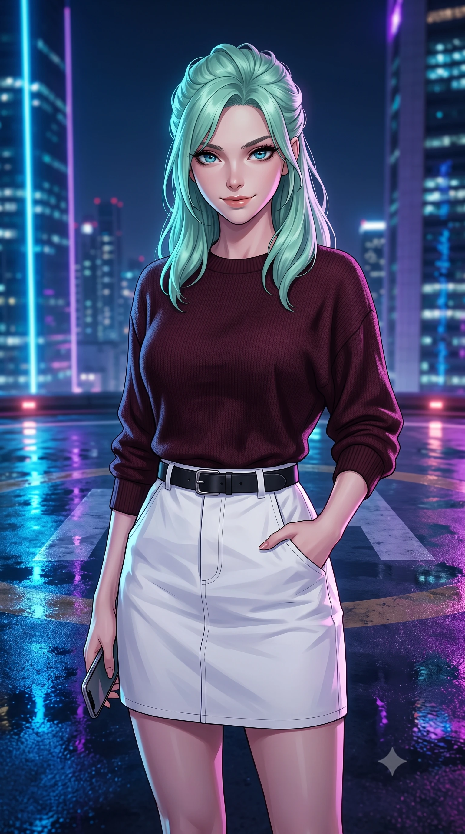 score_9, masterpiece, best quality, ultra-detailed, high-budget anime keyframe, editorial fashion photography, tasteful artistic composition, Japanese woman. close-up cowboy shot from the waist and thighs up, the character dominates the composition, filling the frame with her large presence, background elements kept in soft focus. Exhibiting a confident, playful smirk directly into the camera. set against a soft-focus background of on a high-rise building helipad at night, with wet concrete reflecting the vibrant blue and purple neon lights of surrounding skyscrapers. She has an exceptionally elegant, slender, and willowy female figure with a highly-defined ultra-slim waist, a gracefully sculpted slender torso, and a refined slim-fit silhouette that contours her form. sharp v-shaped jawline, high-bridge nose, intricate jewel-like eyes with depth, thick eyelashes, glossy lips with a natural sheen. wearing a form-fitting dark burgundy knit sweater with a relaxed fit, paired with a white cotton poplin skirt and a leather belt. saturated blue and purple neon light reflecting off the wet concrete, creating sharp colorful specular highlights. 2k, ultra detail, master piece, 9:16 ratio