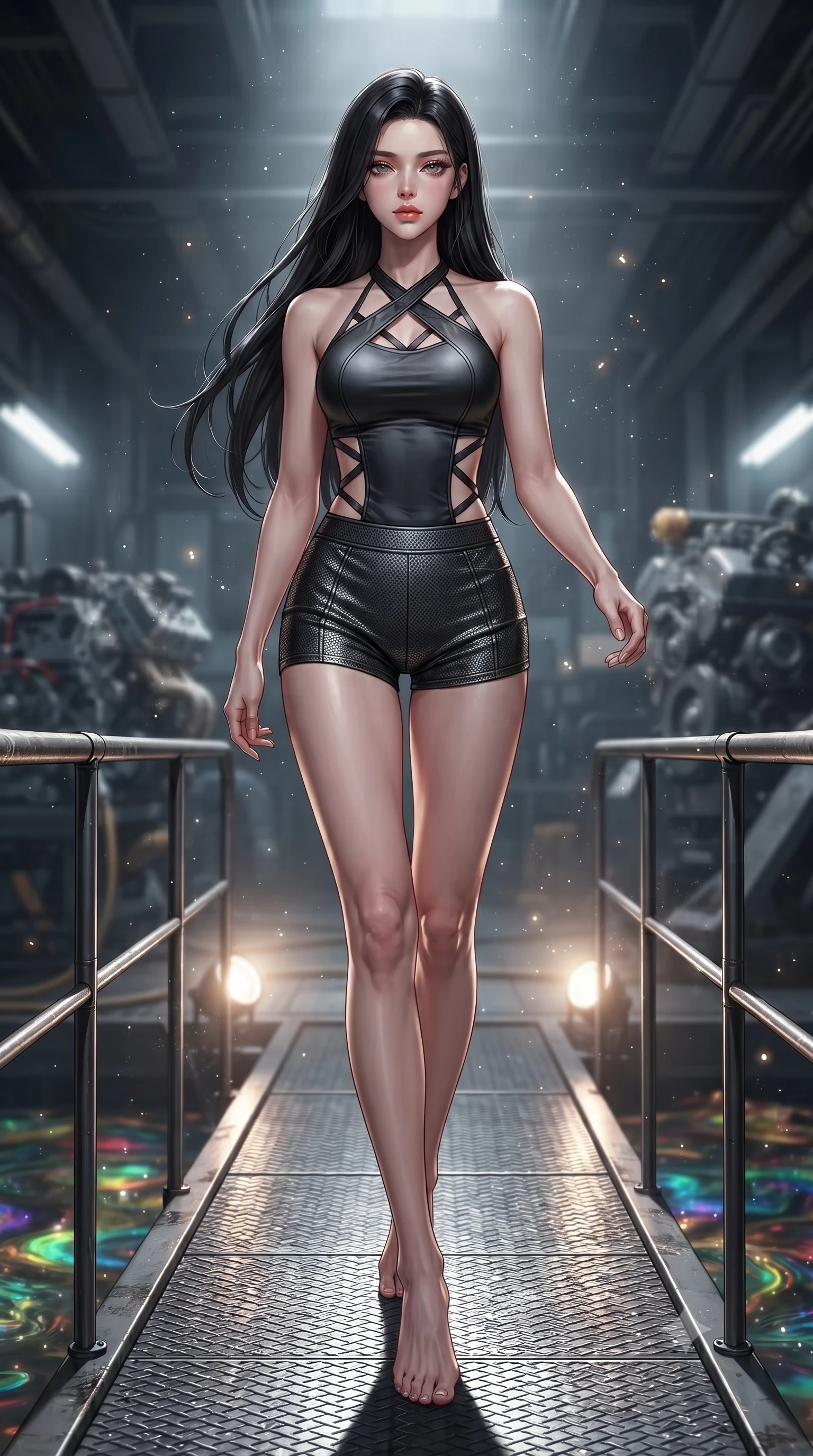 score_9, masterpiece, best quality, ultra-detailed, high-budget anime keyframe, editorial fashion photography, tasteful artistic composition, Korean woman. low angle full-body shot from head to toe showing her feet, filling the entire 9:16 vertical frame with her statuesque presence, stretching her vertical silhouette. stepping gracefully through floating stardust particles, her body-contouring suit showing her athletic, slender silhouette, the background shows a soft-focus an engine assembly catwalk suspended over a boiling oil pool in a bunker. She has an absolutely perfect, statuesque 8.5-heads proportion, an exceptionally tall and slender model-like female figure with impossibly long slender legs and an ultra-slim waist. sharp v-shaped jawline, high-bridge nose, intricate jewel-like eyes with depth, thick eyelashes, glossy lips with a natural sheen. wearing a body-hugging backless halter-neck combat top with criss-cross strapping, paired with carbon-alloy micro-shorts. focused halogen spotlights casting sharp, detailed shadows across her build. ultra-reflective glossy finish, specular highlights, metallic sheen, high-contrast stereoscopic depth, volumetric dynamic lighting, 2k, ultra detail, master piece, 9:16 ratio