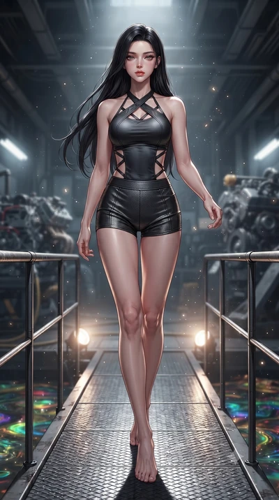 score_9, masterpiece, best quality, ultra-detailed, high-budget anime keyframe, editorial fashion photography, tasteful artistic composition, Korean woman. low angle full-body shot from head to toe showing her feet, filling the entire 9:16 vertical f
