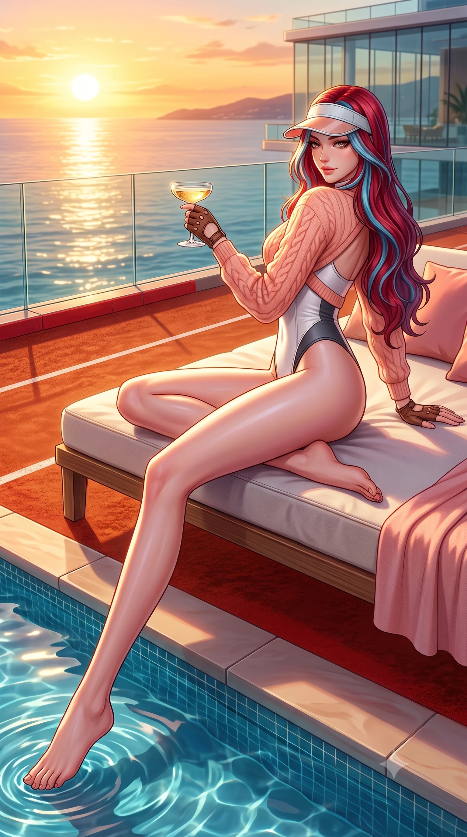 score_9, masterpiece, best quality, ultra-detailed, high-budget anime keyframe, semi-realistic 3D game render, editorial fashion photography, tasteful artistic composition, Caucasian woman. low angle full-body shot from head to toe showing her feet, filling the entire 9:16 vertical frame with her statuesque presence, stretching her vertical silhouette. walking slowly along the clay court baseline, looking back over her shoulder with an air of effortless grace and an alluring, smoldering smile while lounging gracefully on a poolside daybed with one knee bent, holding a champagne coupe with sovereign Riviera cool. The surrounding environment is rendered in vivid detail and crisp panoramic clarity: sharp red curb paint texture, glass balustrade clarity, and bubbling pool water surface ripples in deep focus. She has an absolutely perfect, statuesque 8.5-heads proportion, an exceptionally tall and slender model-like female figure with impossibly long slender legs, an ultra-slim waist, a flat toned midriff, narrow delicate ribcage, and beautifully sculpted feminine hips creating a graceful, slim hourglass silhouette without any bulky heaviness. sharp v-shaped jawline, high-bridge nose, sparkling eyes with athletic focus and depth, thick curled eyelashes, glossy parted lips with a natural coral-peach sheen, bright confident and coquettish smile with alluring bedroom-eyes, exuding both youthful sporty vigor and sovereign high-society glamour, flawlessly proportioned anatomical accuracy, strict slender model proportions, natural body alignment, perfectly sculpted long slender limbs, ultra-slim waistline, clean dynamic posture without body distortion. wearing a luxurious cashmere cable-knit tennis sweater draped over a liquid-tight white leather racerback bodysuit in pastel peach blossom and matte carbon grey, made of smooth liquid-tight stretch jersey emphasizing every curve of her body, accented with a sporty retro tennis visor and fingerless leather driving gloves, the form-contouring athletic cut accentuating her sculpted flat midriff, narrow delicate ribcage, and gracefully curvy hips with supermodel precision. bathed in molten golden hour sunset light reflecting off the Mediterranean Sea and hotel glass. highly saturated vibrant anime colors, detailed shading with soft gradients, rich glossy textures, high-contrast stereoscopic depth, volumetric dynamic lighting, master piece, 9:16 ratio