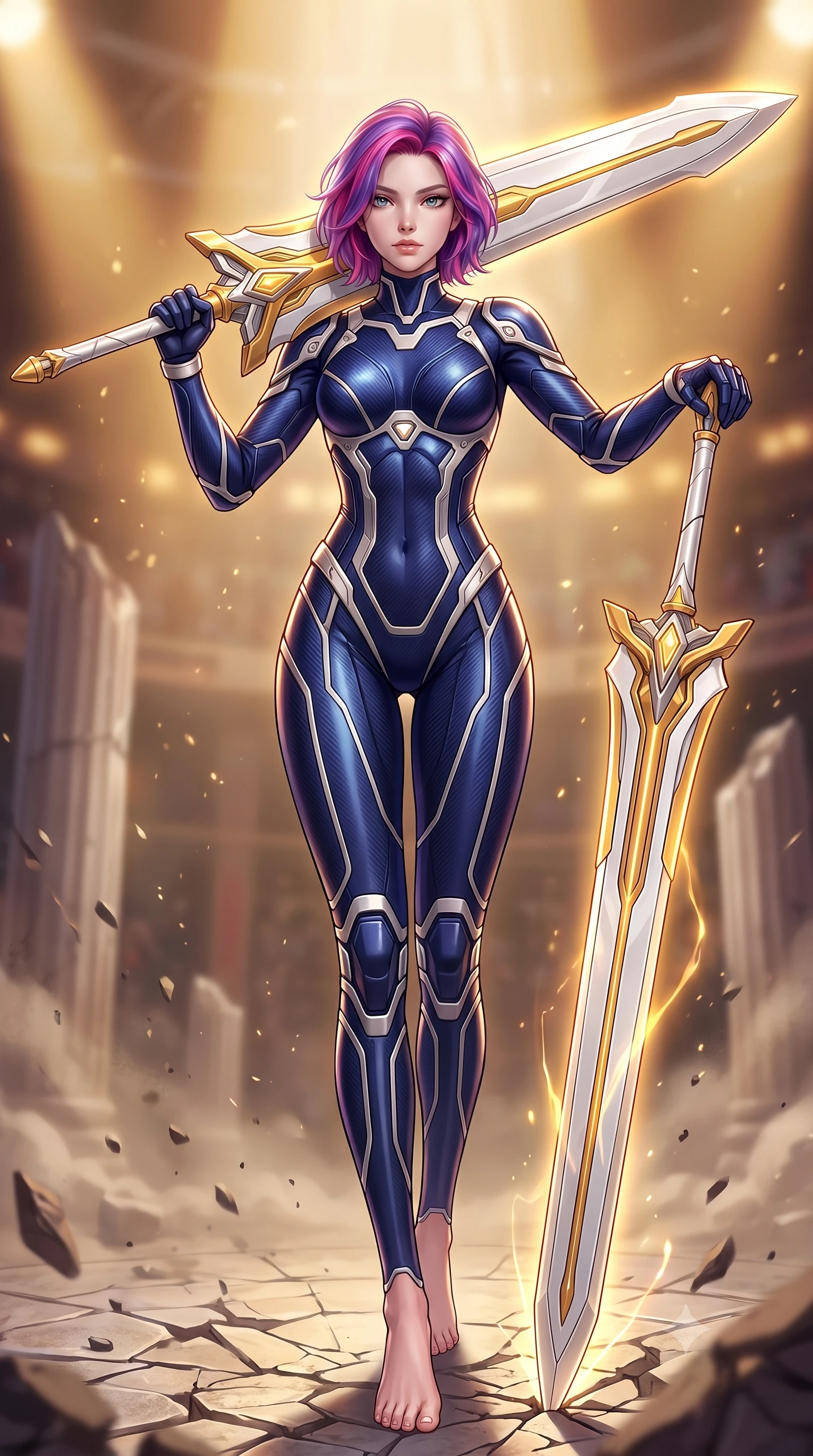score_9, masterpiece, best quality, ultra-detailed, high-budget anime keyframe, semi-realistic 3D game render, editorial fashion photography, tasteful artistic composition, Caucasian woman. low angle full-body shot from head to toe showing her feet, filling the entire 9:16 vertical frame with her statuesque presence, stretching her vertical silhouette. striding forward with commanding supermodel grace, weapon held at the ready, her 8.5-heads statuesque silhouette dominating the vertical frame from head to toe while pivoting dynamically as she plants the colossal greatsword tip into the ground, leaning on the hilt with sovereign poise. The composition keeps background elements in soft focus with creamy bokeh. shattered arena pillars and rising dust motes softened in dramatic shallow depth of field. She has an absolutely perfect, statuesque 8.5-heads proportion, an exceptionally tall and slender model-like female figure with impossibly long slender legs, a toned flat midriff, and an ultra-slim waist. sharp v-shaped jawline, high-bridge nose, intricate jewel-like eyes with depth, thick eyelashes, glossy lips with a natural sheen, flawlessly proportioned anatomical accuracy, strict slender model proportions, natural body alignment, perfectly sculpted long slender limbs, ultra-slim waistline, clean dynamic posture without body distortion. wearing a statuesque midnight cobalt carbon-fiber armor-suit with platinum trim and an ultra-slim waistline, resting a massive sleek high-frequency anti-material greatsword across her shoulder in arctic white carbon composite with radiant solar gold plating, made of lightweight aerodynamic carbon-titanium alloy with polished edge bevels, finished with high-mobility articulation joints and miniature magnetic armor locks, the sleek second-skin cut tightly hugging her graceful clavicle, narrow waist, and feminine curves with athletic precision. bathed in warm golden arena searchlights and glowing greatsword energy channel radiance. rich saturated anime colors with glowing neon highlights, detailed shading with soft gradients, rich glossy textures, high-contrast stereoscopic depth, volumetric dynamic lighting, master piece, 9:16 ratio