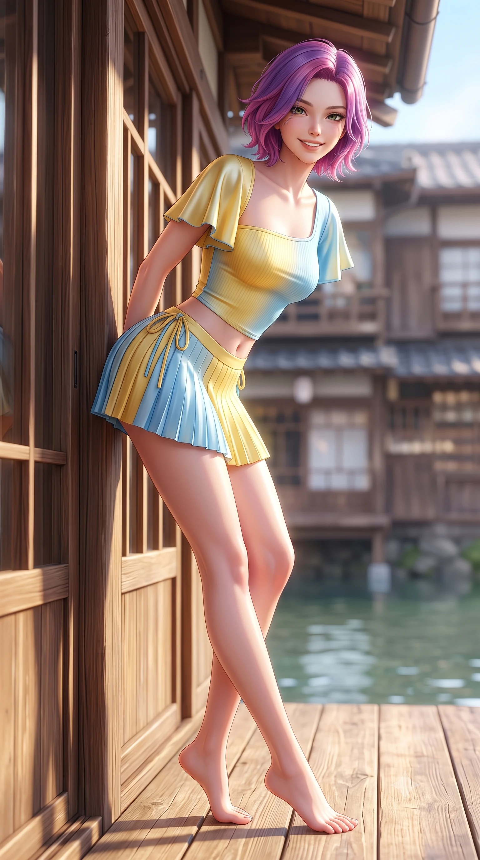score_9, masterpiece, best quality, ultra-detailed, high-budget anime keyframe, semi-realistic 3D game render, editorial fashion photography, tasteful artistic composition, Caucasian woman. low angle full-body shot from head to toe showing her feet, filling the entire 9:16 vertical frame with her statuesque presence, stretching her vertical silhouette. leaning deep against the sunlit architecture with hips cocked back in a cute yet unapologetically alluring high-fashion stance, flashing a warm beaming smile while standing poised on the sun-warmed wooden veranda, twisting her slender torso in an alluring S-curve in the gentle spring river breeze. The composition keeps background elements in soft focus with dreamy creamy bokeh. historic wooden teahouse facades across the water softened in nostalgic Kyoto shallow focus. She has an exceptionally tall and slender model-like 8.5-heads proportion, an ultra-slim waist, a flat toned midriff, narrow delicate ribcage, and beautifully sculpted feminine hips creating a graceful, slim hourglass silhouette without any bulky heaviness, with impossibly long slender legs. sharp v-shaped jawline, high-bridge nose, intricate jewel-like sparkling eyes with depth, thick eyelashes, glossy parted lips with a natural peach sheen, bright cheerful beaming smile with an enchanting and coquettish sensual glint, exuding both youthful cute charm and seductive allure, flawlessly proportioned anatomical accuracy, strict slender model proportions, natural body alignment, perfectly sculpted long slender limbs, ultra-slim waistline, clean dynamic posture without body distortion. wearing an asymmetrical one-shoulder ribbed top paired with a micro-pleated skirt with side hip ties in sunny daffodil yellow and clear sky blue, made of smooth fluid silk satin with a delicate pearlescent sheen, featuring elegant flutter sleeves and a graceful square neckline, the form-fitting cut adhering flawlessly to her sculpted flat midriff and slender torso, emphasizing her long leg lines and perfectly proportioned willowy build. illuminated by gentle water surface reflections sharply defining her razor-sharp jawline, narrow waist, and curvy hips. highly saturated vibrant anime colors, detailed shading with soft gradients, rich glossy textures, high-contrast stereoscopic depth, volumetric dynamic lighting, master piece, 9:16 ratio