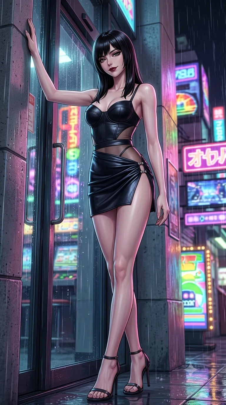 score_9, masterpiece, best quality, ultra-detailed, high-budget anime keyframe, semi-realistic 3D game render, editorial fashion photography, tasteful artistic composition, Caucasian woman. low angle full-body shot from head to toe showing her feet, filling the entire 9:16 vertical frame with her statuesque presence, stretching her vertical silhouette. standing tall beside the architectural column, one hand resting high while arching her lower back to emphasize her sculpted feminine hips and slender waist while leaning against the wet arcade glass entrance beneath glowing anime neon signs, head tilted with a playful, flirtatious smile. The background shows a soft-focus retro-futuristic Tokyo entertainment district softened in rain-soaked shallow focus. She has an exceptionally tall and slender model-like 8.5-heads proportion, an ultra-slim waist, a flat toned midriff, narrow delicate ribcage, and beautifully sculpted feminine hips creating a graceful, slim hourglass silhouette without any bulky heaviness, with impossibly long slender legs. sharp v-shaped jawline, high-bridge nose, intricate jewel-like dark sparkling eyes with dangerous depth, thick curled eyelashes, glossy parted lips with a rich wine sheen, smoldering seductive half-smile with bedroom-eyes, exuding effortless superiority and intoxicating dark allure, flawlessly proportioned anatomical accuracy, strict slender model proportions, natural body alignment, perfectly sculpted long slender limbs, ultra-slim waistline, clean dynamic posture without body distortion. wearing a structured underwire leather bustier top paired with an ultra-short draped wrap mini skirt in pure obsidian monochrome with subtle metallic sheen, featuring strategic sheer-illusion micro-mesh cutouts along her ribcage and hip flanks, finished with an ultra-high side slit secured by miniature jeweled clasps, the high-slit wrap tailoring accentuating her ultra-slim waistline and the enchanting curve of her feminine hips with alluring seductive charm. bathed in ultra-saturated rainbow neon glow from illuminated signboards and video screens. highly saturated vibrant anime colors, detailed shading with soft gradients, rich glossy textures, high-contrast stereoscopic depth, volumetric dynamic lighting, master piece, 9:16 ratio