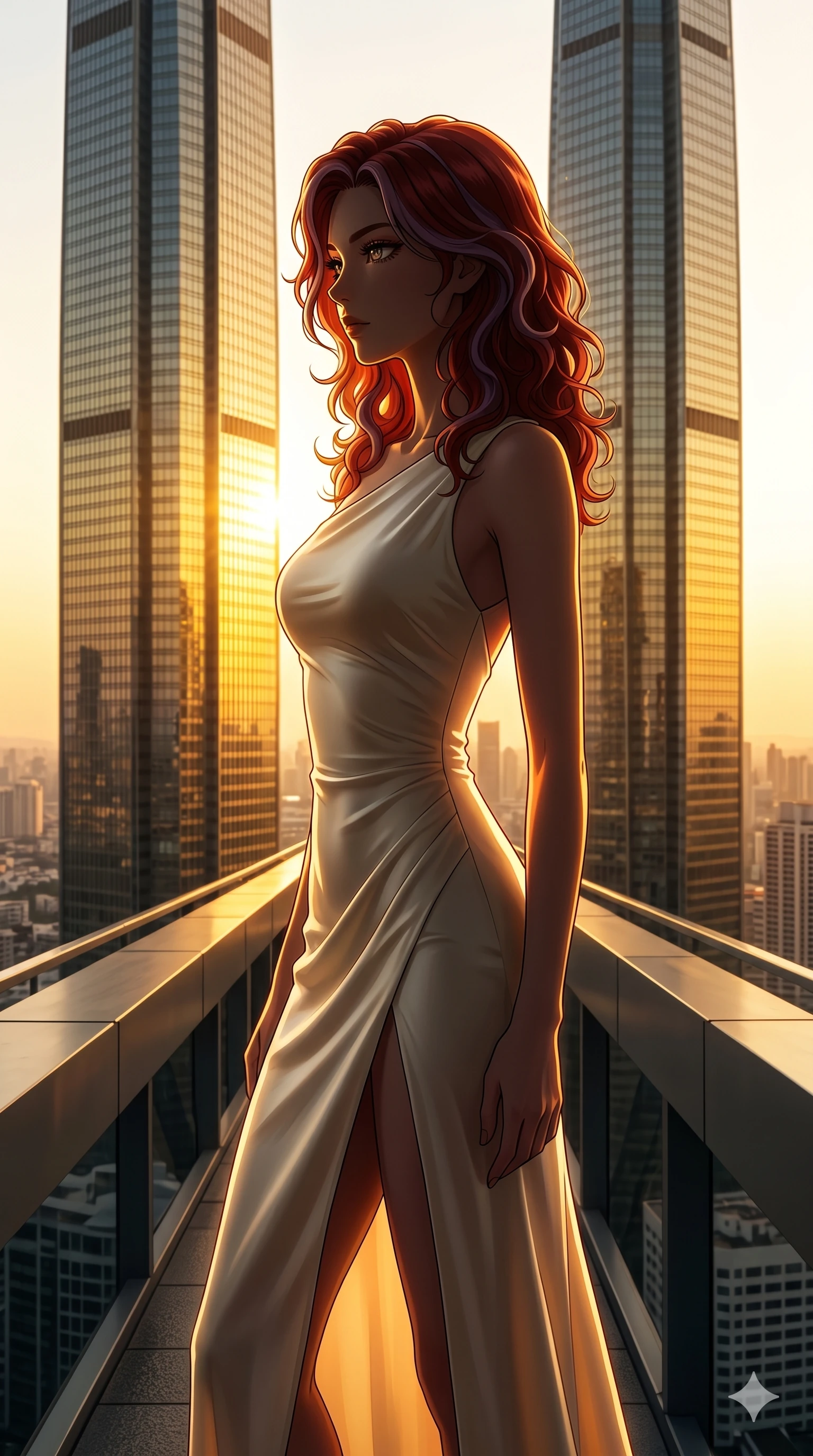 score_9, masterpiece, best quality, ultra-detailed, high-budget anime keyframe, editorial fashion photography, tasteful artistic composition, Caucasian woman, strictly human ears. cowboy shot from the thighs up, character and outfit filling the frame for maximum editorial presence. Casting a confident sidelong glance, her profile silhouetted against the bright background on a high-tech sky-bridge between two towering skyscrapers reflecting gold sunset light. She has an absolutely perfect 8-heads proportion, an exceptionally tall and slender female figure with impossibly long slender legs and an ultra-slim waist. V-shaped jawline, high-bridge nose, intricate jewel-like eyes with depth, thick eyelashes, glossy lips with a natural sheen. wearing a sculpted ivory silk gown with an asymmetric collar line and a daring front slit to mid-thigh. drenched in warm amber cinematic rim lighting that traces every contour of her silhouette against the dark. 2k, ultra detail, master piece, 9:16 ratio