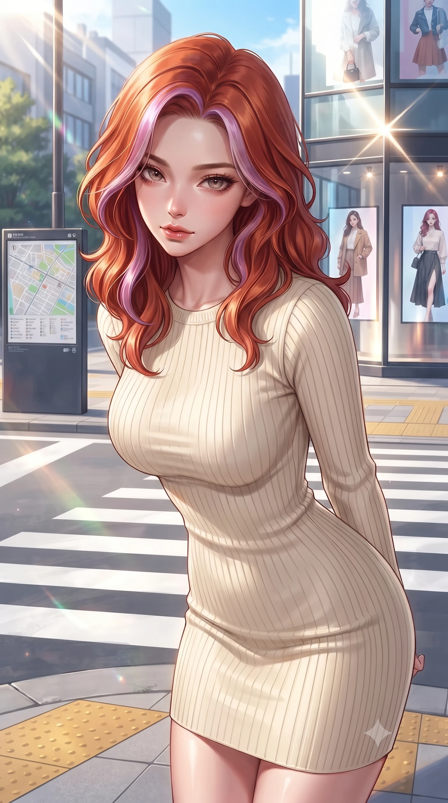 score_9, masterpiece, best quality, ultra-detailed, high-budget anime keyframe, editorial fashion photography, tasteful artistic composition, Caucasian woman. close-up cowboy shot from the waist and thighs up, the character dominates the composition, filling the frame with her large presence, background elements kept in soft focus. tilting her chin down slightly, looking up at the viewer with a deeply charming, smoldering gaze set against a soft-focus background of on a modern city street crossing with sleek crosswalk markings and signs with a street map board and digital fashion advertisements in the background. She has an exceptionally elegant, slender, and willowy female figure with an ultra-slim waist, a gracefully sculpted slender torso, and a refined silhouette. sharp v-shaped jawline, high-bridge nose, intricate jewel-like eyes with depth, thick eyelashes, glossy lips with a natural sheen. wearing form-contouring form-fitting ribbed knit dress in cream, contouring her slender silhouette. bright afternoon sunbeams creating sharp reflections on the glass shop windows. highly saturated vibrant anime colors, detailed shading with soft gradients, rich glossy textures, high-contrast stereoscopic depth, volumetric dynamic lighting, master piece, 9:16 ratio